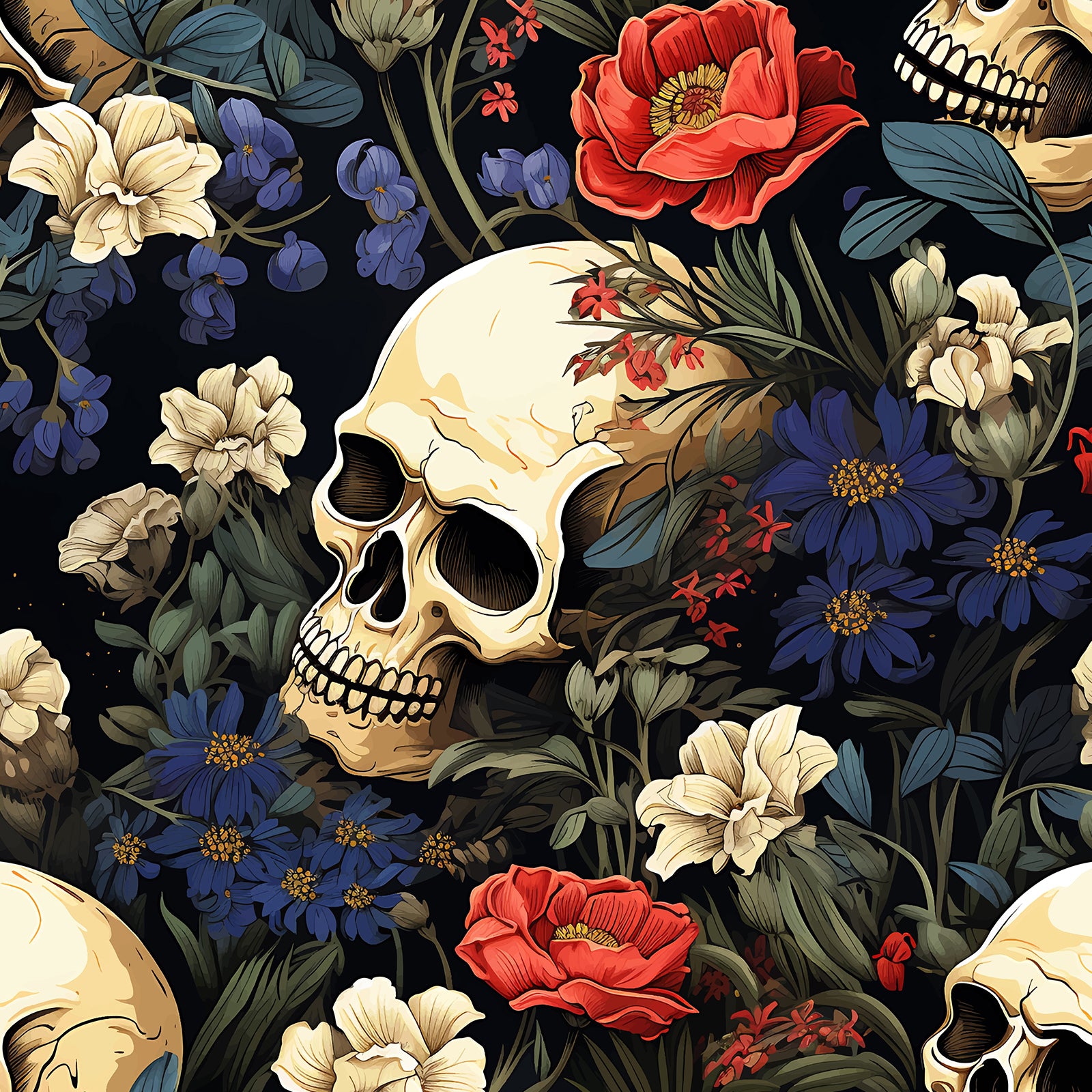 HaokHome Peel and Stick Wallpaper Gothic Floral Skull Wall Mural Removable Self Adhesive Dark Vintage Wallpaper for Bedroom Living Room Decor