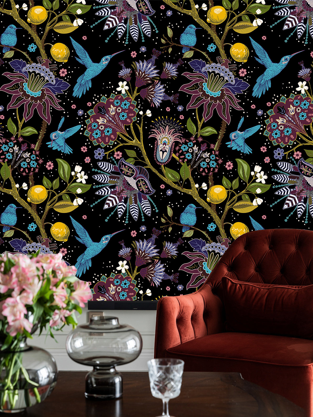 HaokHome Peel and Stick Wallpaper Hummingbird and Floral Pattern Black Tropical Wall Mural Removable Vinyl Self Adhesive Wallpaper for Living Room Bedroom Home Decor