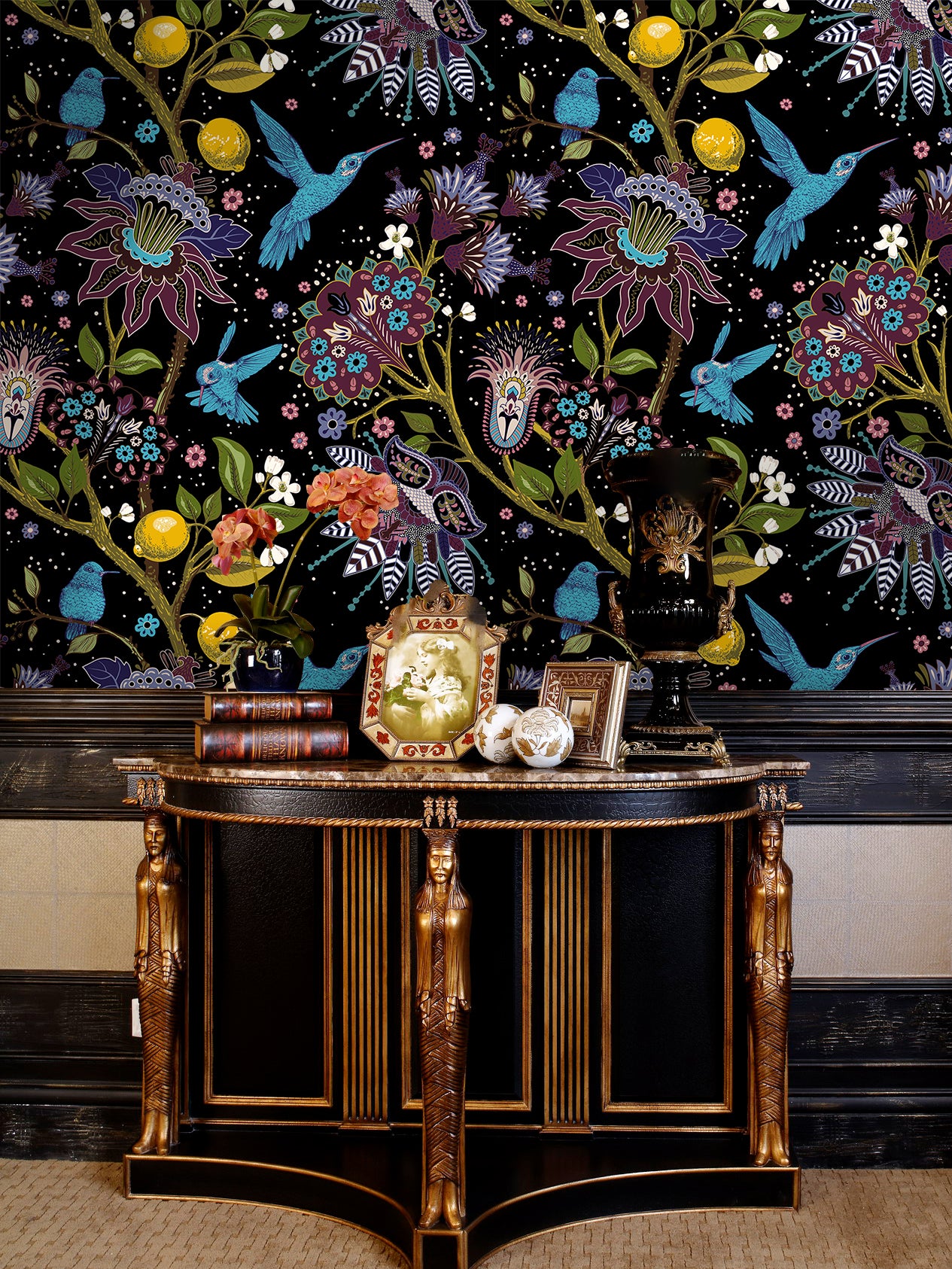 HaokHome Peel and Stick Wallpaper Hummingbird and Floral Pattern Black Tropical Wall Mural Removable Vinyl Self Adhesive Wallpaper for Living Room Bedroom Home Decor