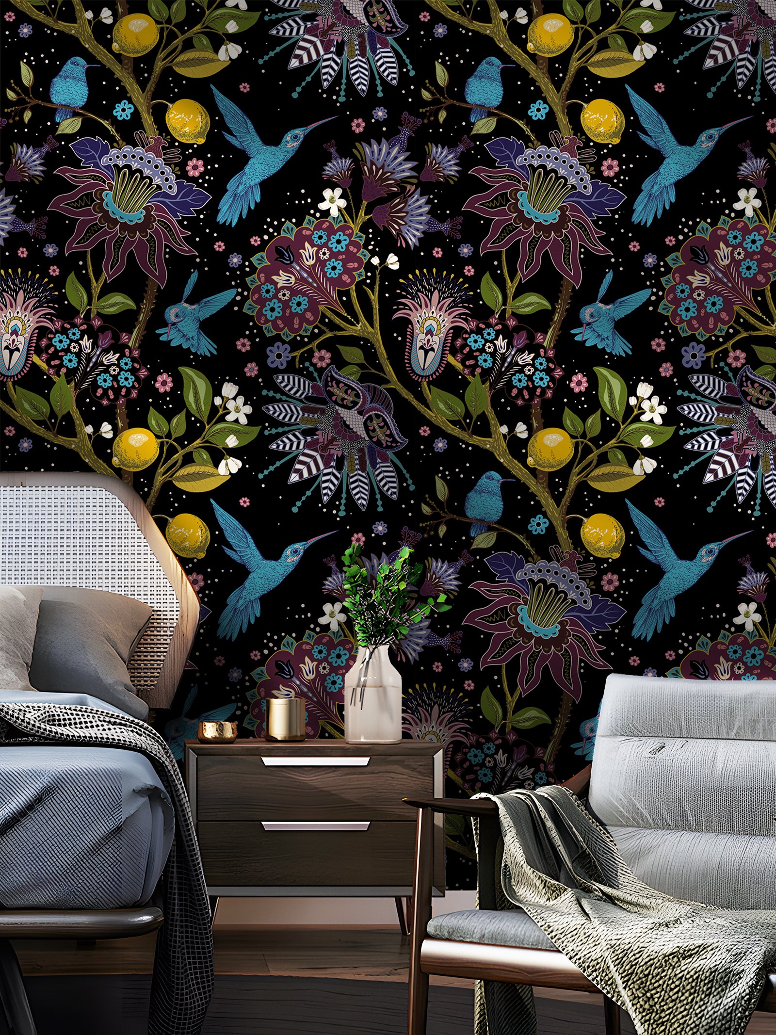 HaokHome Peel and Stick Wallpaper Hummingbird and Floral Pattern Black Tropical Wall Mural Removable Vinyl Self Adhesive Wallpaper for Living Room Bedroom Home Decor