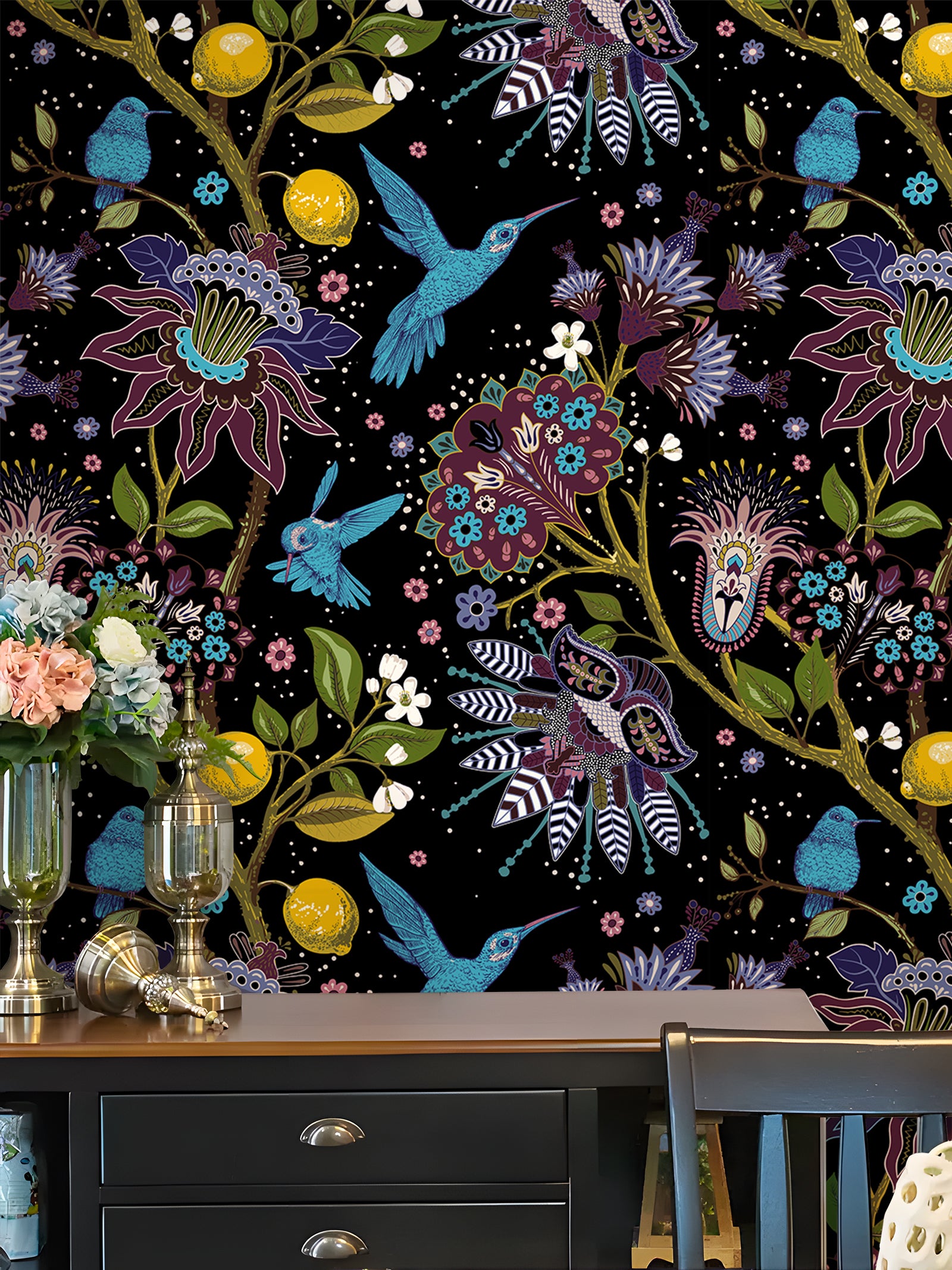 HaokHome Peel and Stick Wallpaper Hummingbird and Floral Pattern Black Tropical Wall Mural Removable Vinyl Self Adhesive Wallpaper for Living Room Bedroom Home Decor