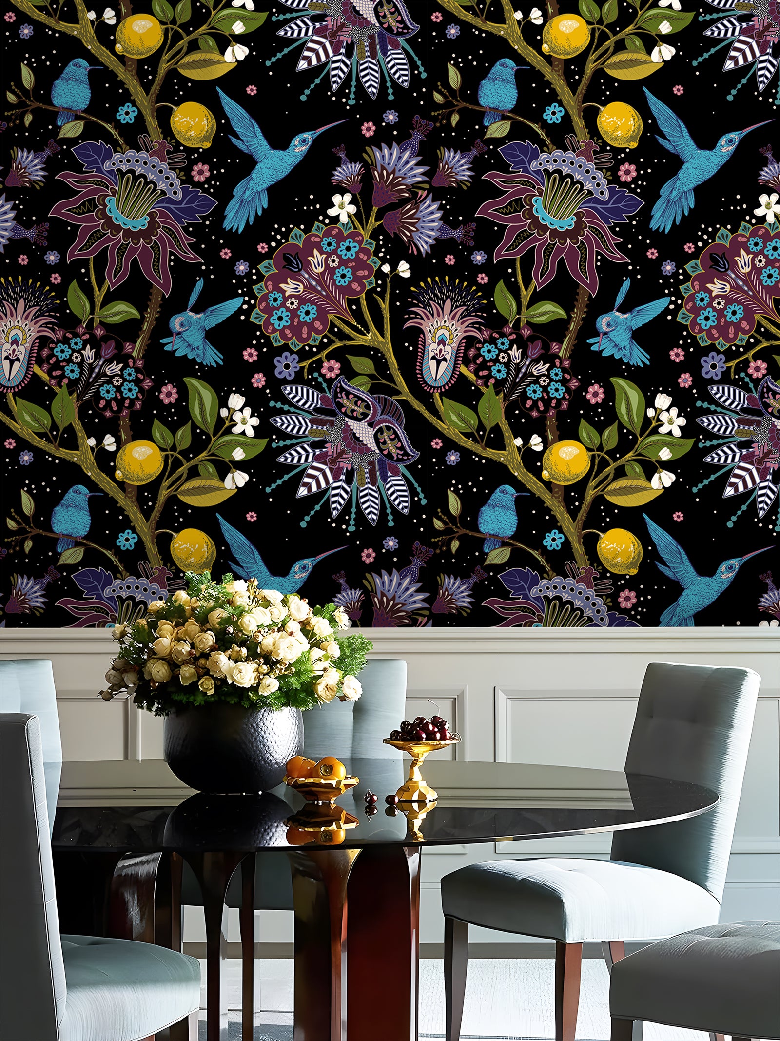 HaokHome Peel and Stick Wallpaper Hummingbird and Floral Pattern Black Tropical Wall Mural Removable Vinyl Self Adhesive Wallpaper for Living Room Bedroom Home Decor