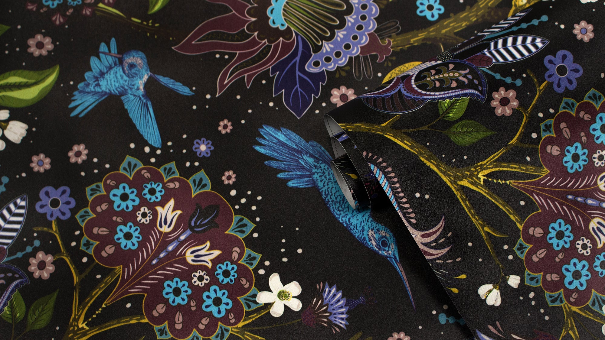 HaokHome Peel and Stick Wallpaper Hummingbird and Floral Pattern Black Tropical Wall Mural Removable Vinyl Self Adhesive Wallpaper for Living Room Bedroom Home Decor