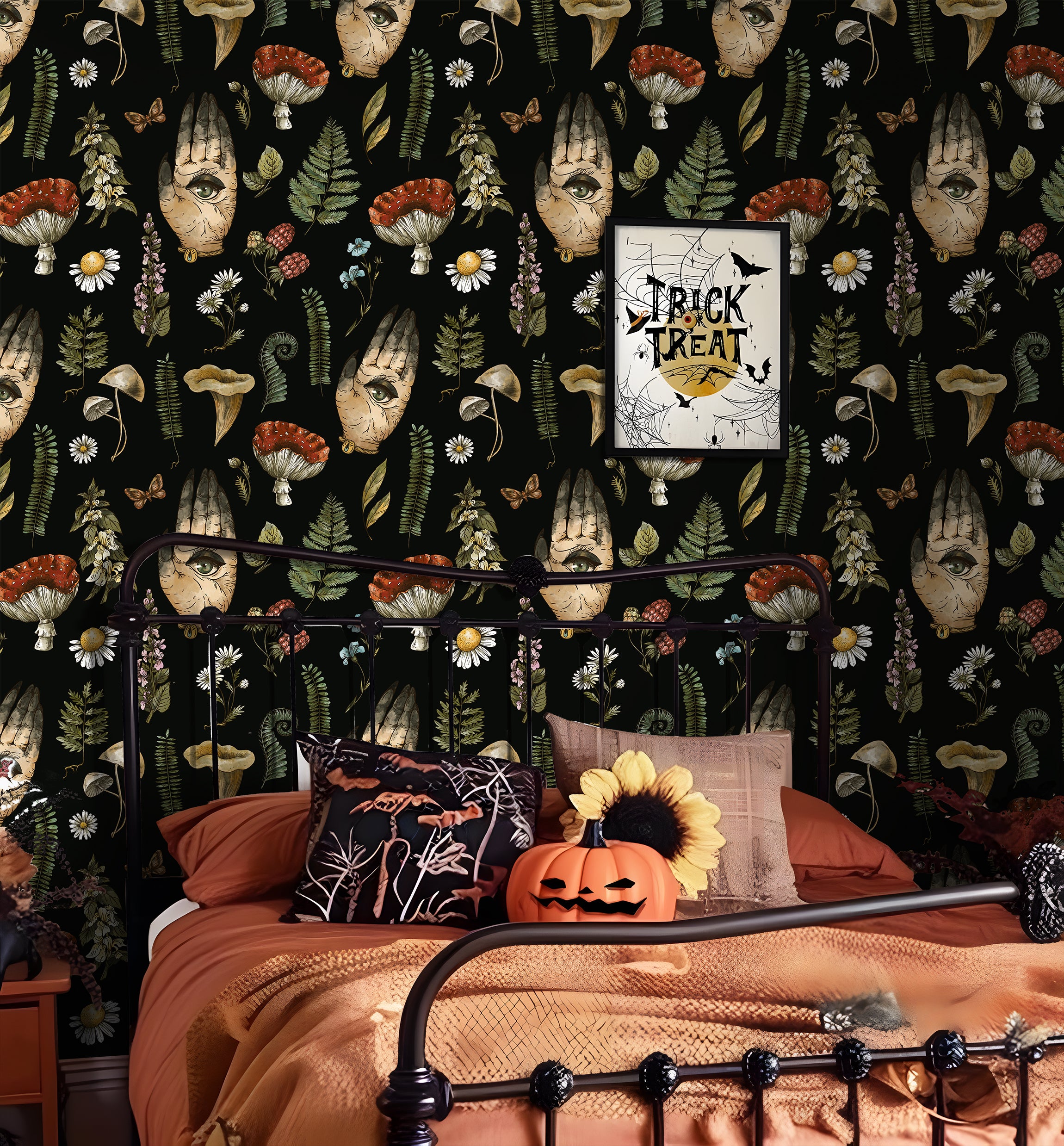 HaokHome Peel and Stick Wallpaper Mystic Vintage Hand Eye Botanical Mushroom Wall Mural Removable Self Adhesive Black Wallpaper for Home Decor