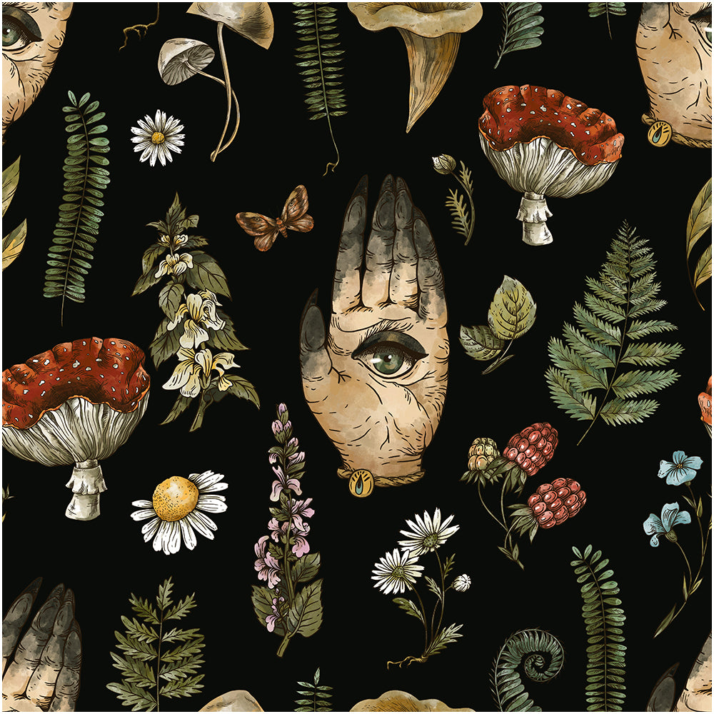 HaokHome Peel and Stick Wallpaper Mystic Vintage Hand Eye Botanical Mushroom Wall Mural Removable Self Adhesive Black Wallpaper for Home Decor