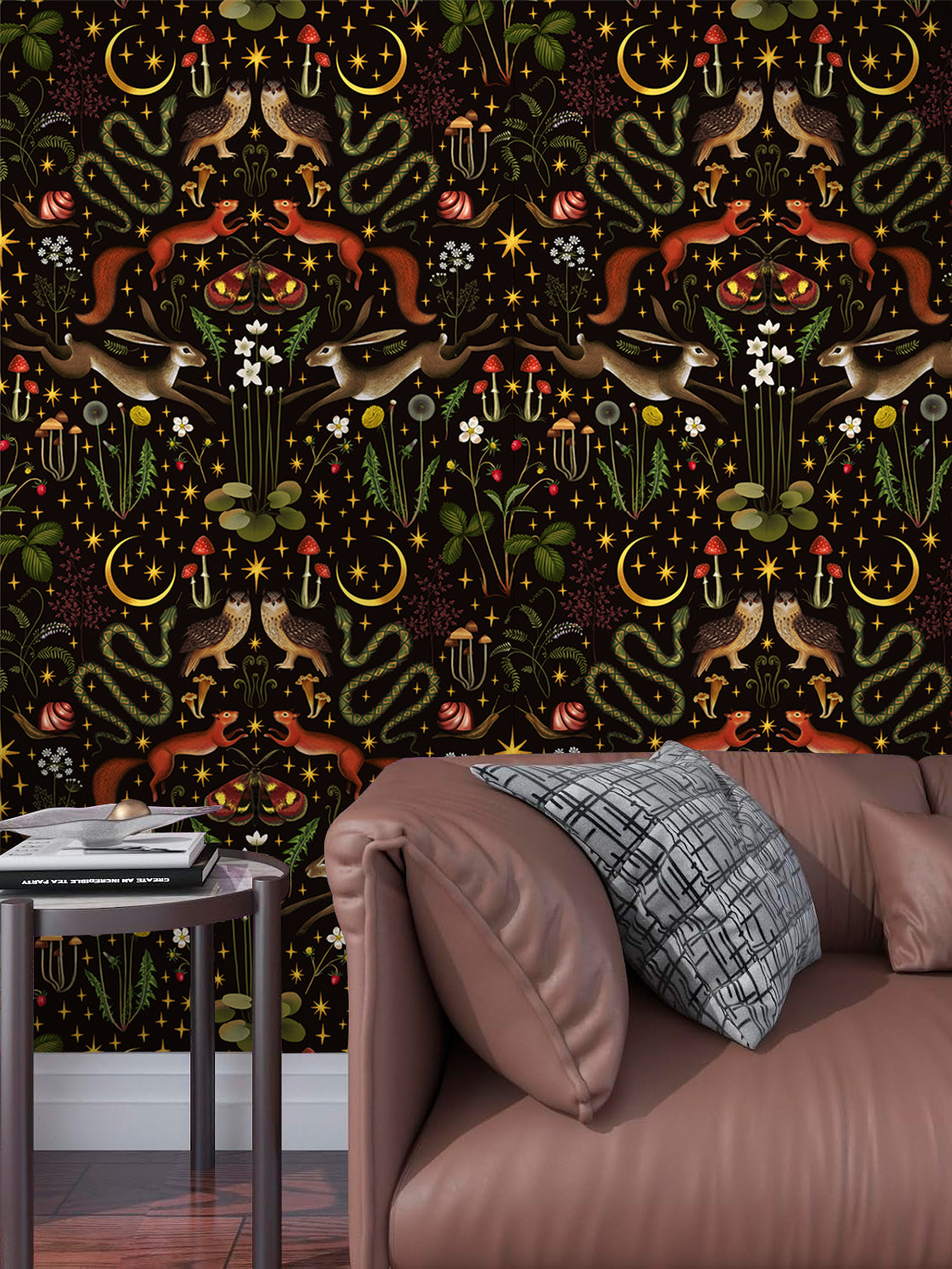 HaokHome  Peel and Stick Wallpaper Mystic Woodland Animal Moon and Star Wall Mural Removable Self Adhesive Dark Forest Wallpaper for Halloween Bedroom Nursery Decor