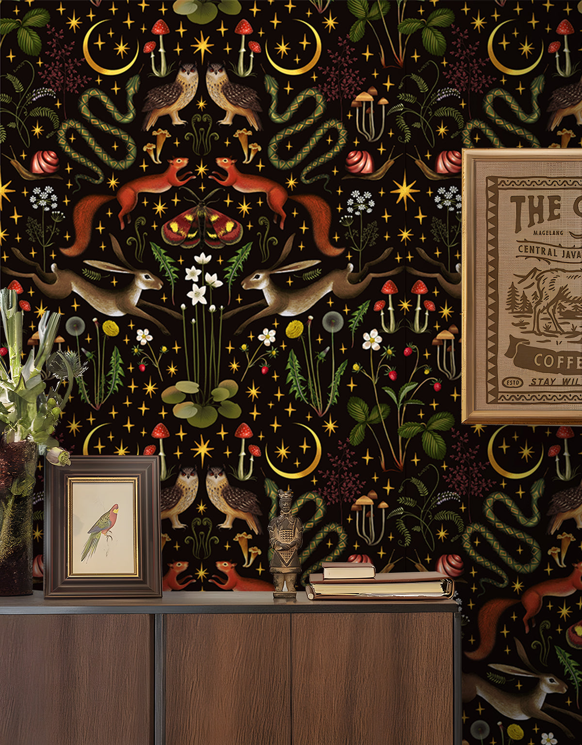 HaokHome  Peel and Stick Wallpaper Mystic Woodland Animal Moon and Star Wall Mural Removable Self Adhesive Dark Forest Wallpaper for Halloween Bedroom Nursery Decor