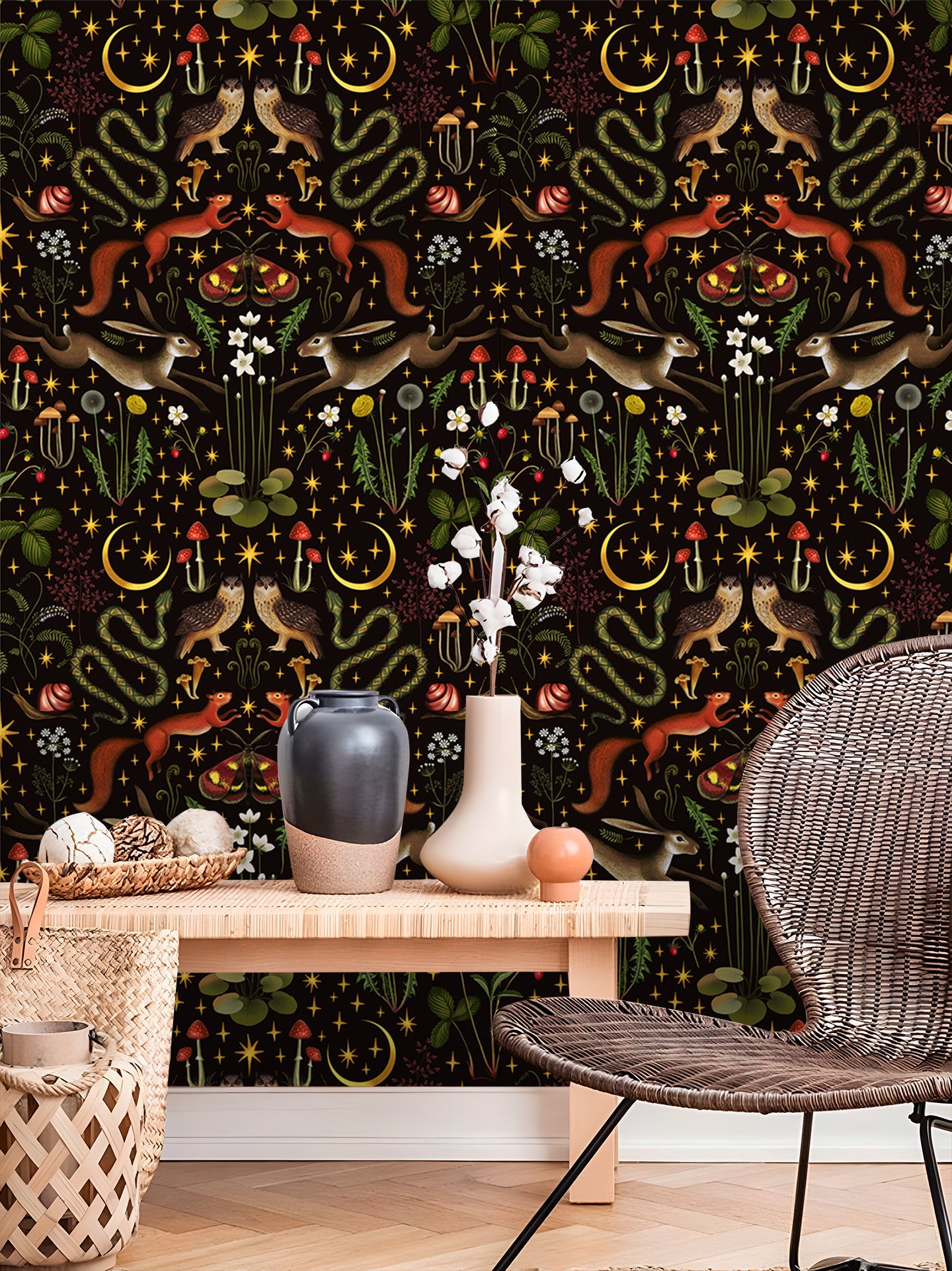 HaokHome  Peel and Stick Wallpaper Mystic Woodland Animal Moon and Star Wall Mural Removable Self Adhesive Dark Forest Wallpaper for Halloween Bedroom Nursery Decor