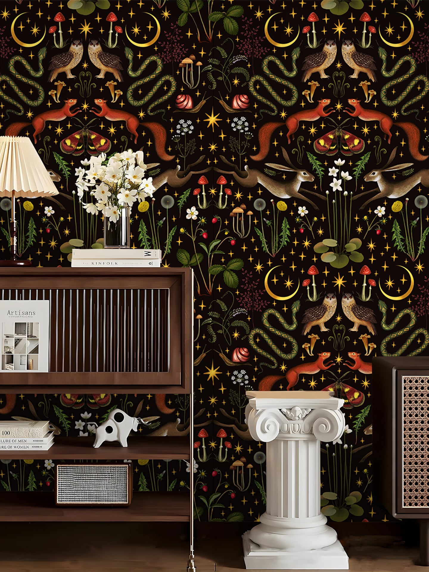 HaokHome  Peel and Stick Wallpaper Mystic Woodland Animal Moon and Star Wall Mural Removable Self Adhesive Dark Forest Wallpaper for Halloween Bedroom Nursery Decor