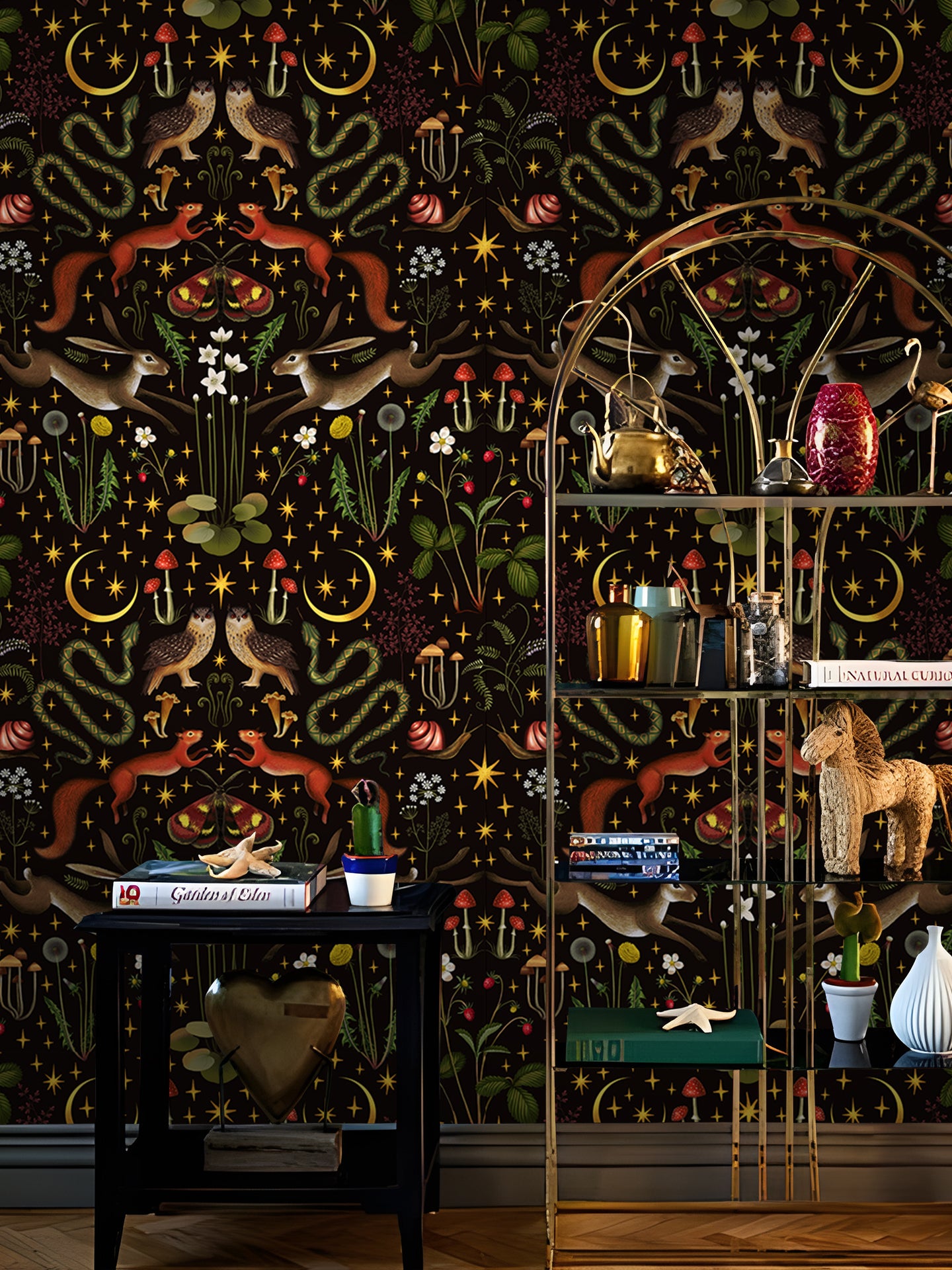 HaokHome  Peel and Stick Wallpaper Mystic Woodland Animal Moon and Star Wall Mural Removable Self Adhesive Dark Forest Wallpaper for Halloween Bedroom Nursery Decor