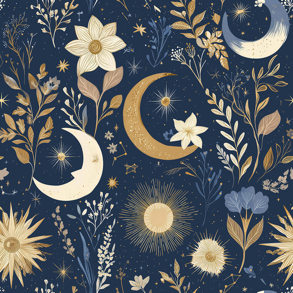 HaokHome Peel and Stick Wallpaper Navy Celestial Moon Star Floral Wall Mural Removable Self Adhesive Boho Night Sky Wallpaper