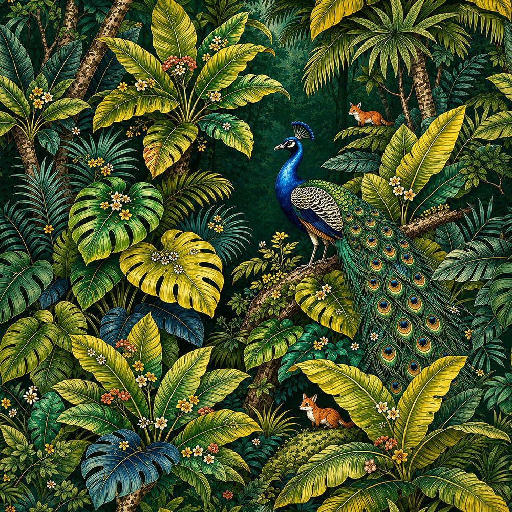 HaokHome Peel and Stick Wallpaper Tropical Jungle Peacock Removable Wall Decor with Lush Botanical & Fox Pattern for Exotic Nature Room