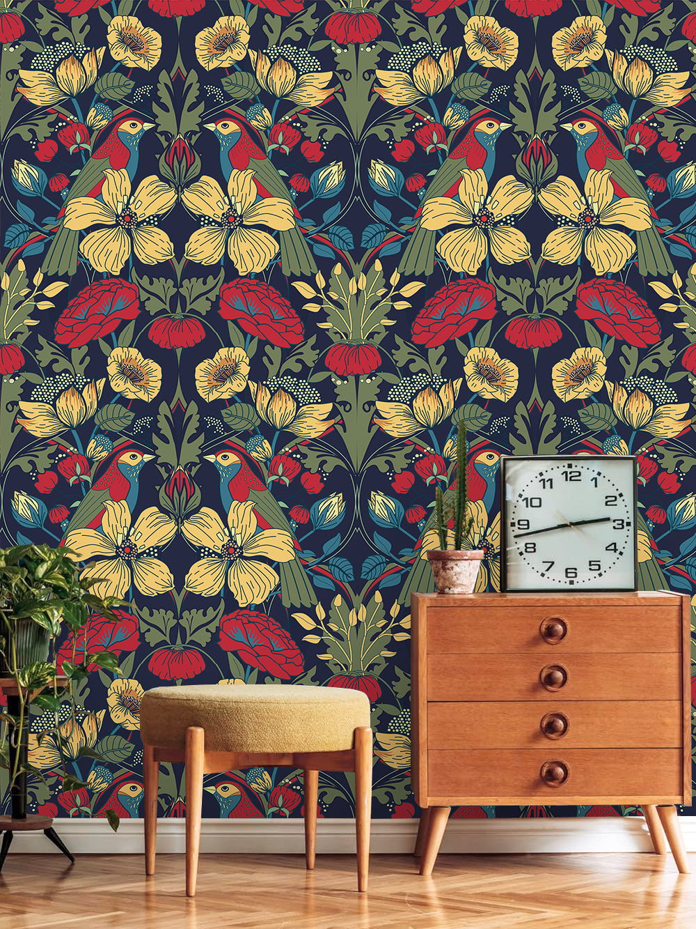 HaokHome Peel and Stick Wallpaper Vintage Birds and Floral Pattern Dark Blue Botanical Wall Mural Removable Vinyl Self Adhesive Wallpaper for Living Room Bedroom Accent Wall Home Decor