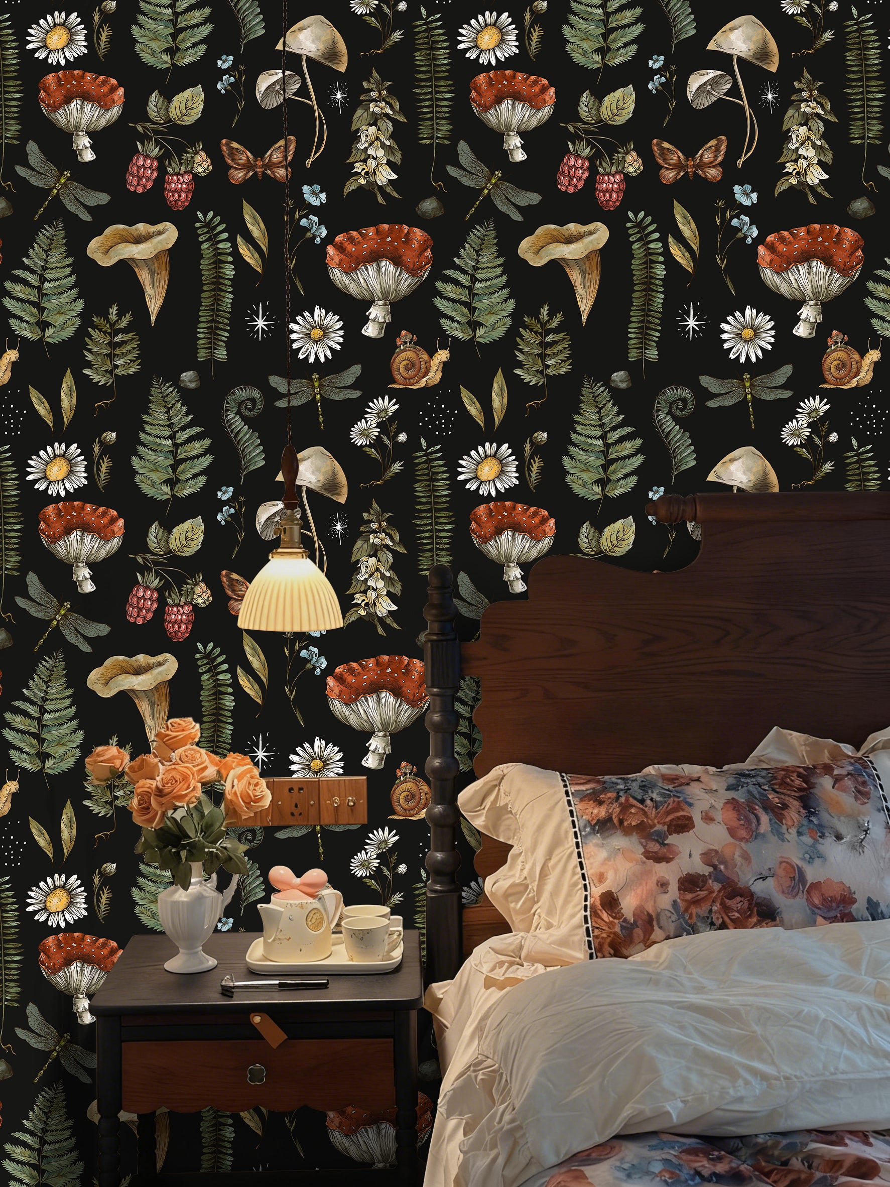 HaokHome Peel and Stick Wallpaper Vintage Botanical Mushroom Fern Floral Wall Mural Removable Self Adhesive Black Cottagecore Wallpaper for Autumn Home Decor