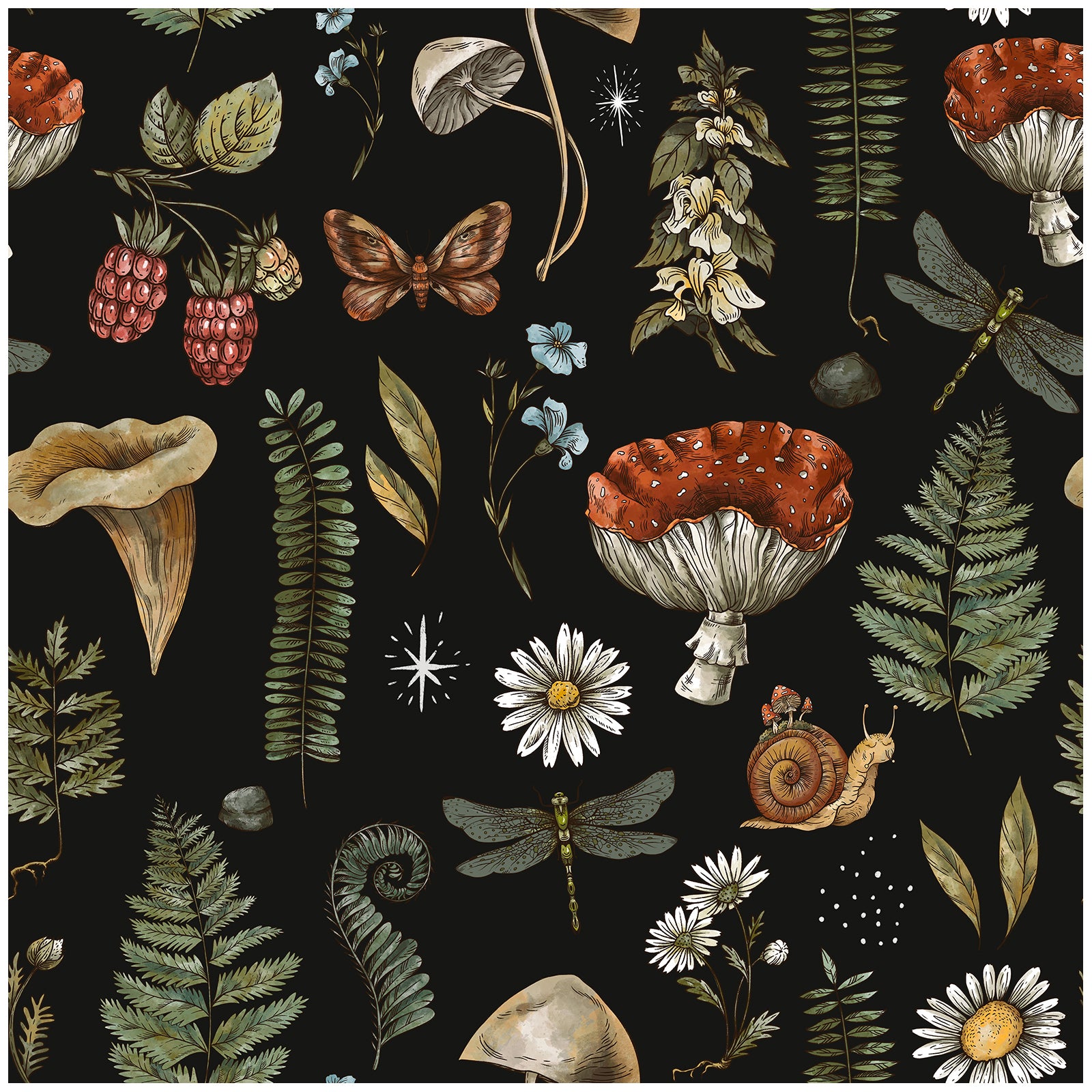 HaokHome Peel and Stick Wallpaper Vintage Botanical Mushroom Fern Floral Wall Mural Removable Self Adhesive Black Cottagecore Wallpaper for Autumn Home Decor