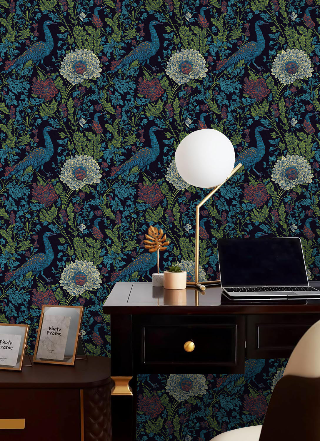 HaokHome Peel and Stick Wallpaper Vintage Peacock and Floral Pattern Dark Blue Botanical Wall Mural Removable Vinyl Self Adhesive Wallpaper for Bedroom Living Room Accent Wall