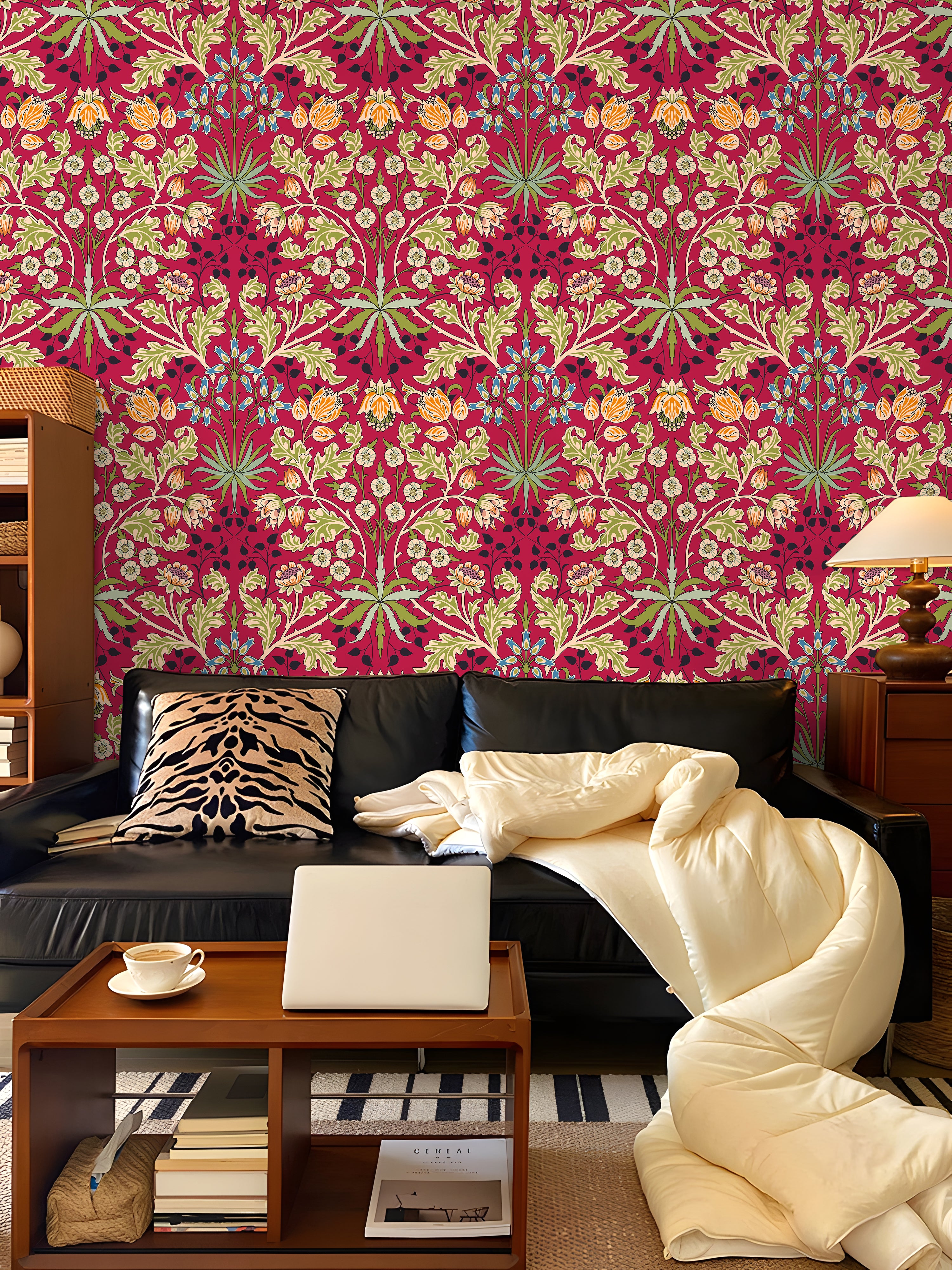 HaokHome Peel and Stick Wallpaper Vintage Red Floral Botanical William Morris Style Wallpaper