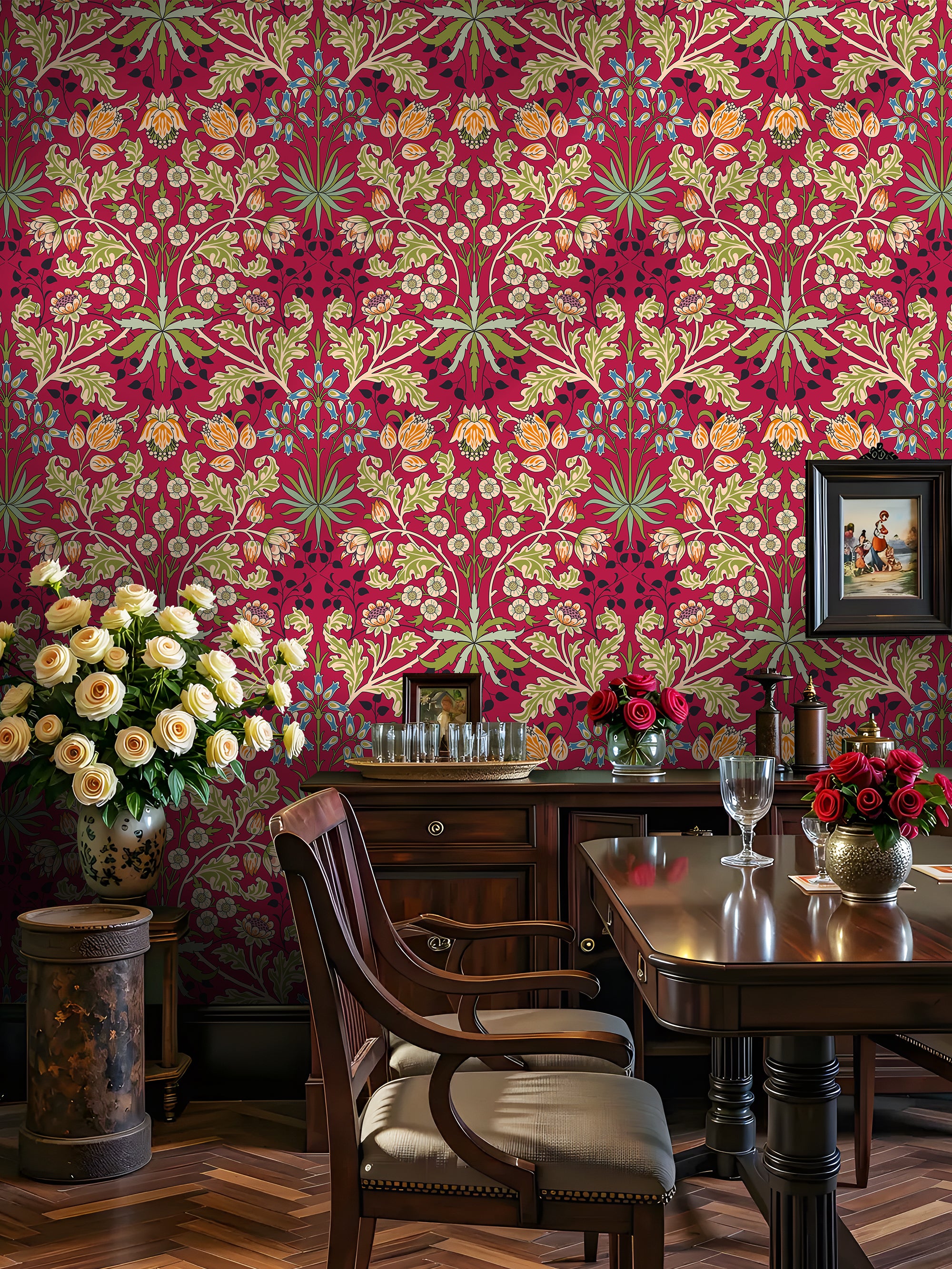 HaokHome Peel and Stick Wallpaper Vintage Red Floral Botanical William Morris Style Wallpaper