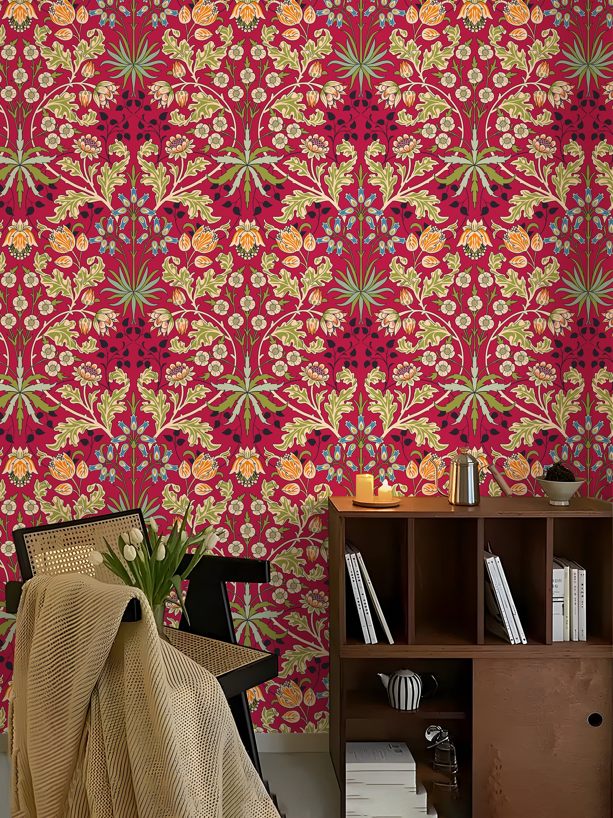 HaokHome Peel and Stick Wallpaper Vintage Red Floral Botanical William Morris Style Wallpaper
