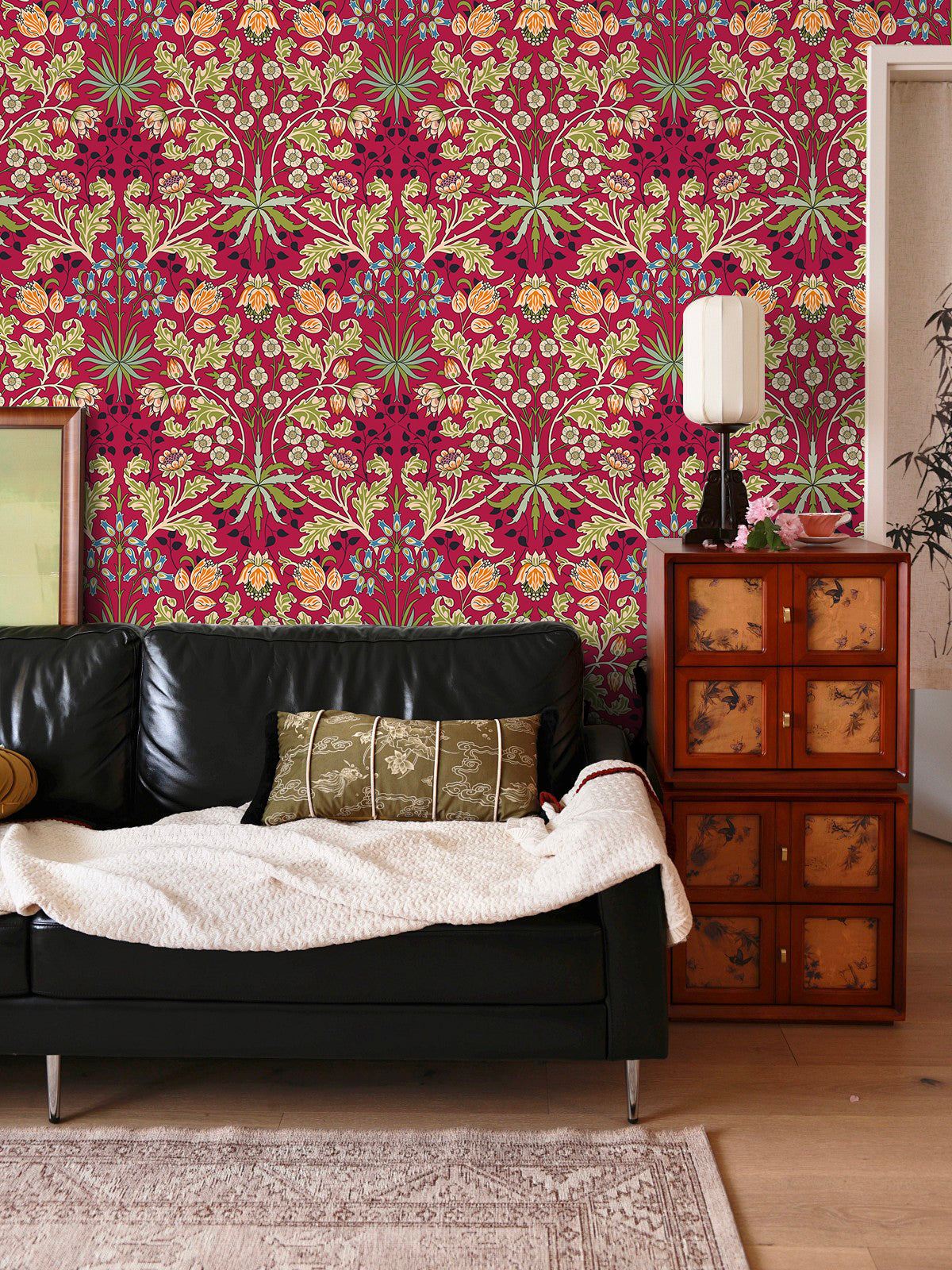 HaokHome Peel and Stick Wallpaper Vintage Red Floral Botanical William Morris Style Wallpaper
