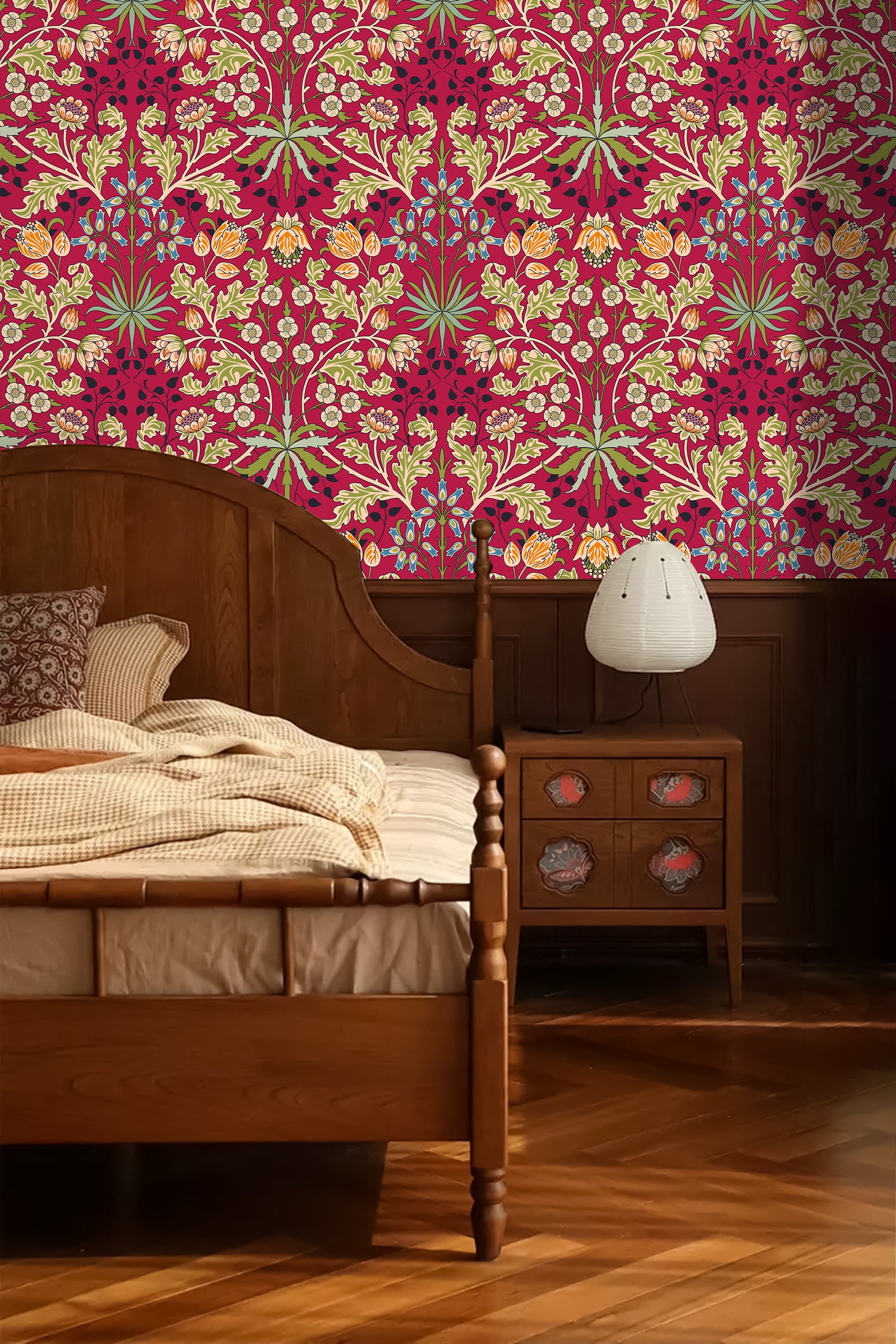 HaokHome Peel and Stick Wallpaper Vintage Red Floral Botanical William Morris Style Wallpaper