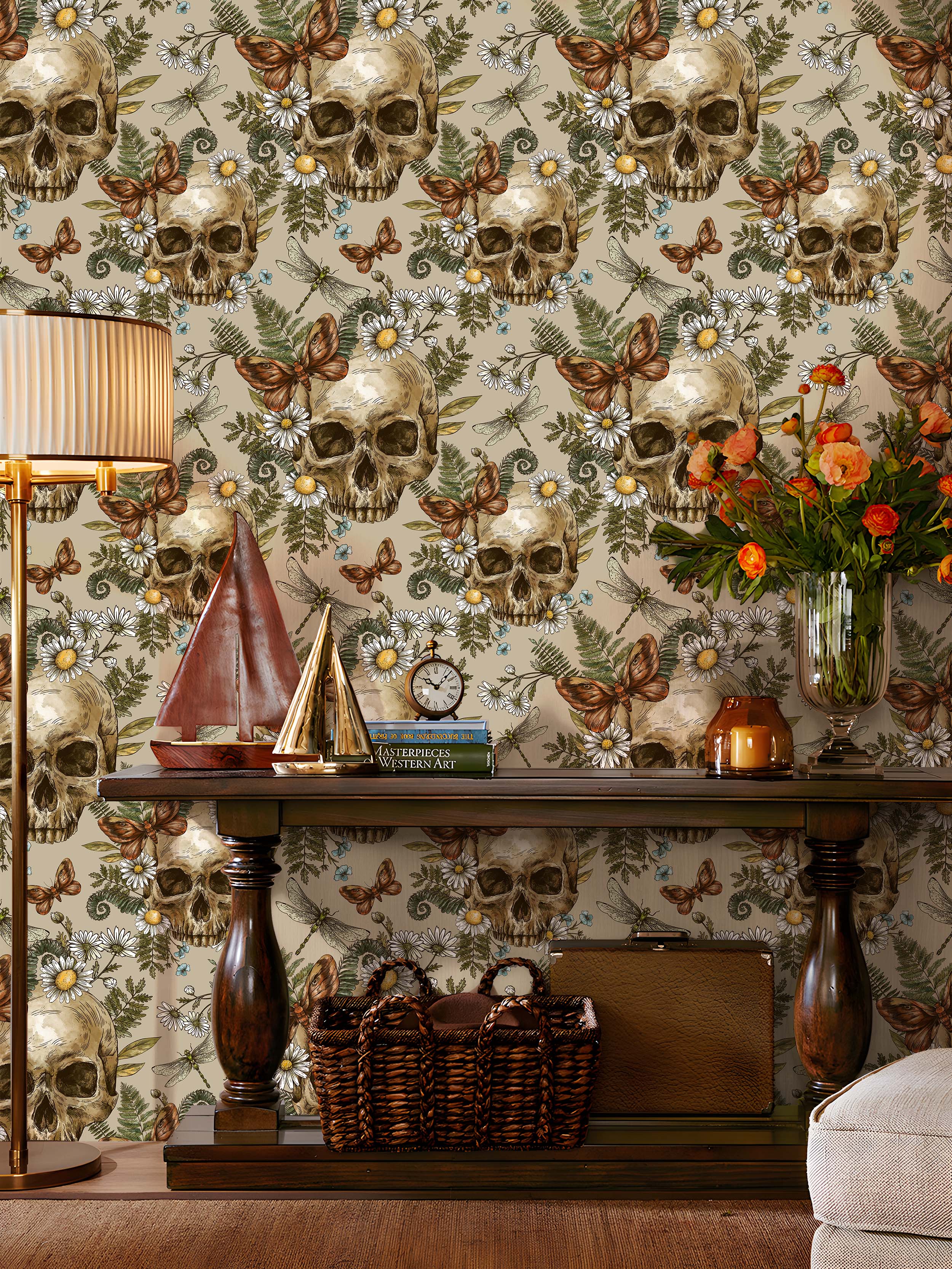 HaokHome Peel and Stick Wallpaper – Vintage Skull and Botanical Floral Gothic Dark Aesthetic Removable Wallpaper