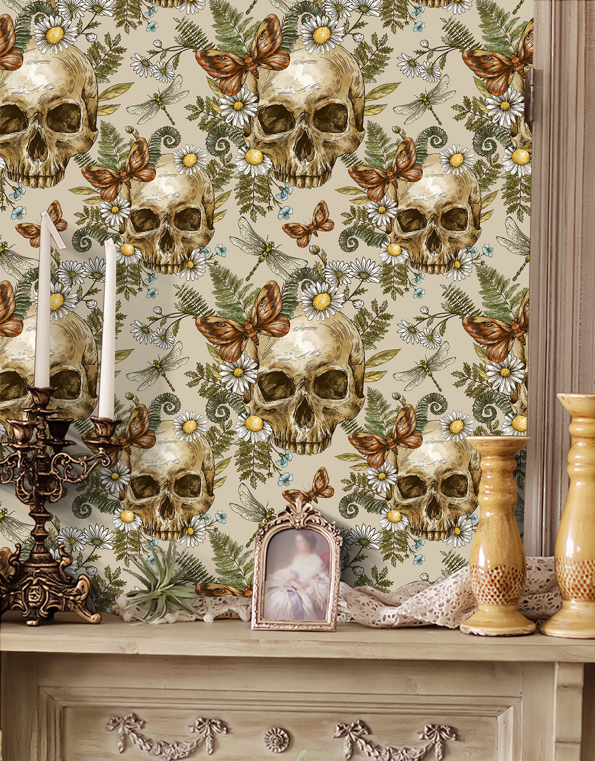 HaokHome Peel and Stick Wallpaper – Vintage Skull and Botanical Floral Gothic Dark Aesthetic Removable Wallpaper