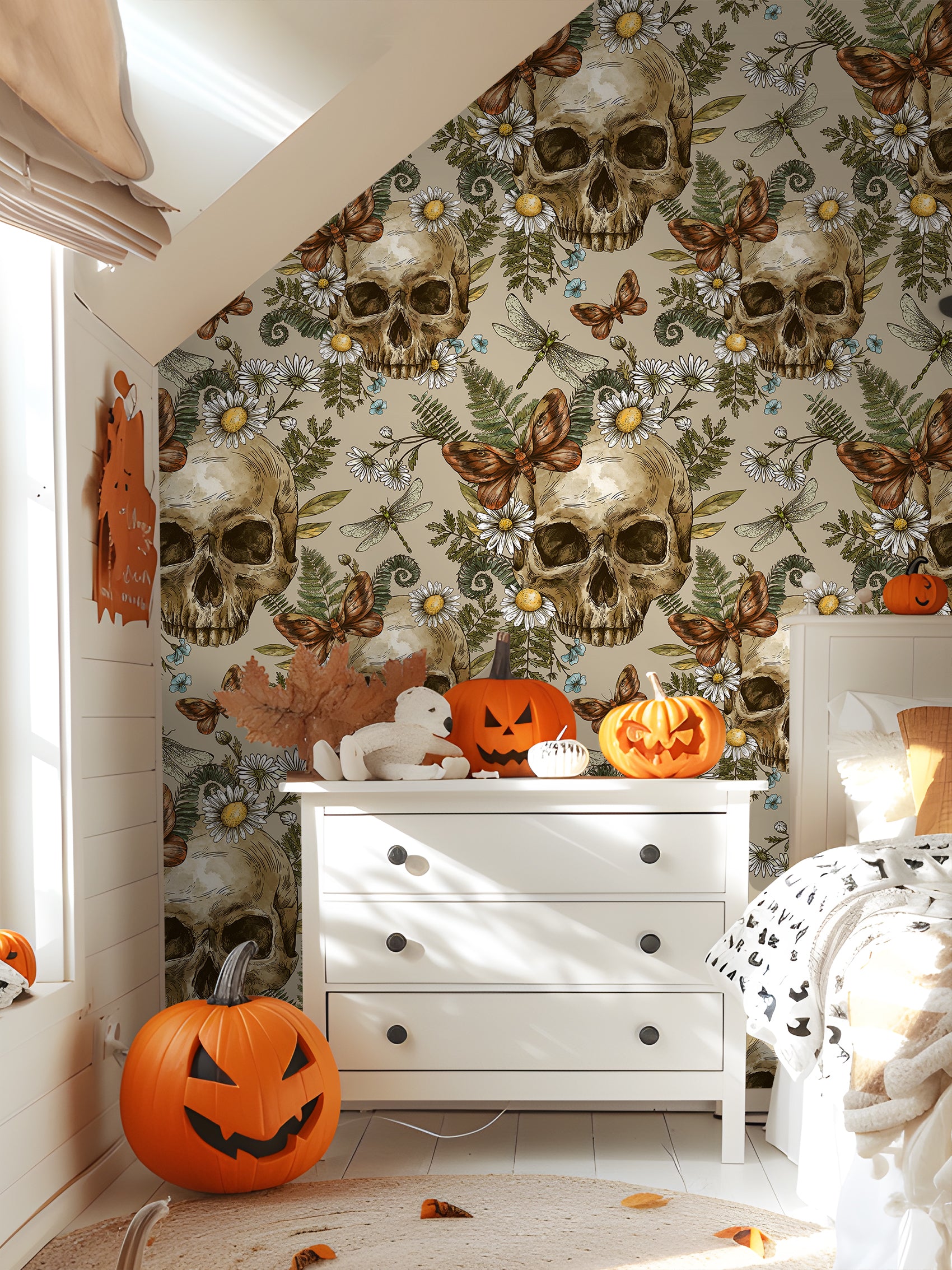 HaokHome Peel and Stick Wallpaper – Vintage Skull and Botanical Floral Gothic Dark Aesthetic Removable Wallpaper