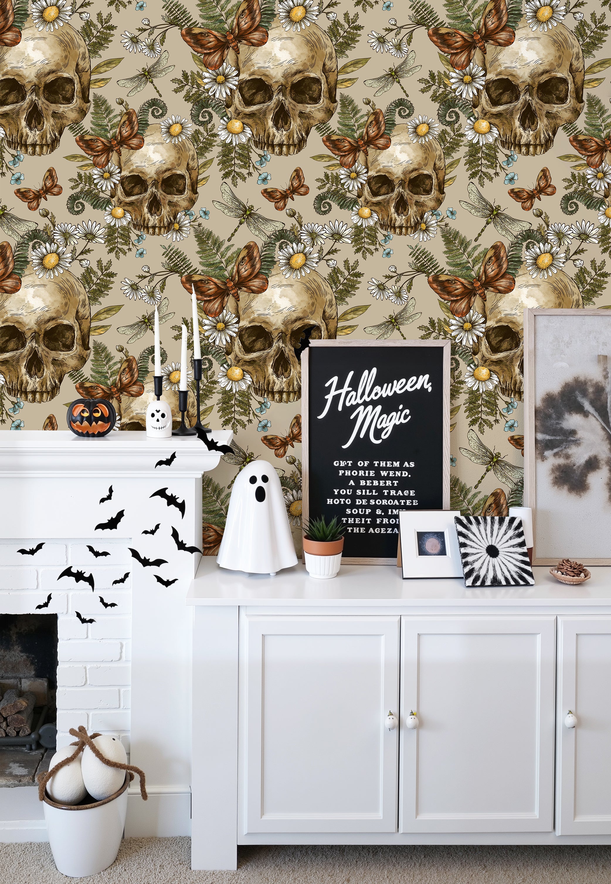 HaokHome Peel and Stick Wallpaper – Vintage Skull and Botanical Floral Gothic Dark Aesthetic Removable Wallpaper