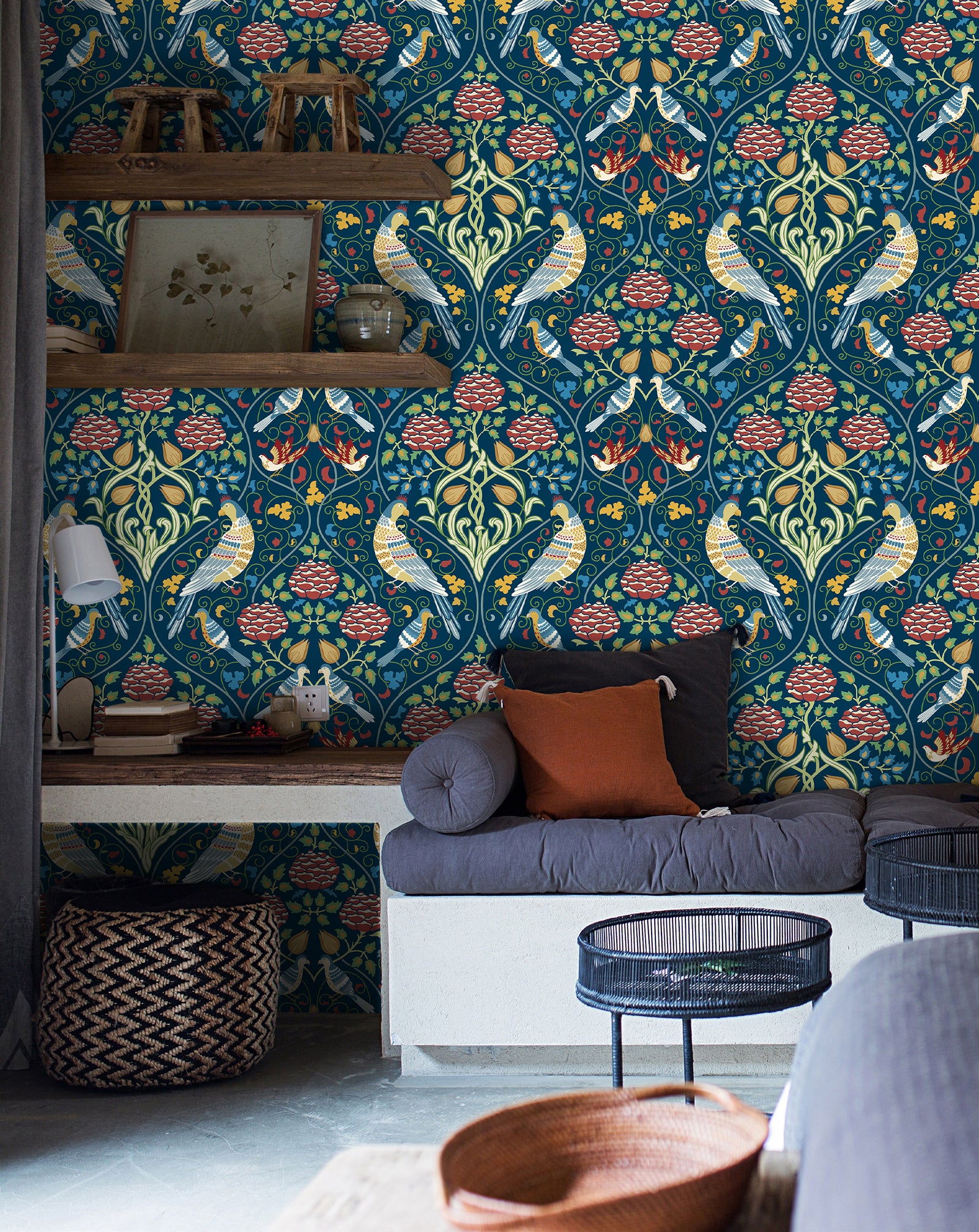 HaokHome Peel and Stick Wallpaper Vintage William Morris Style Bird and Floral Wall Mural Removable Self Adhesive Blue Wallpaper for Living Room Bedroom Decor