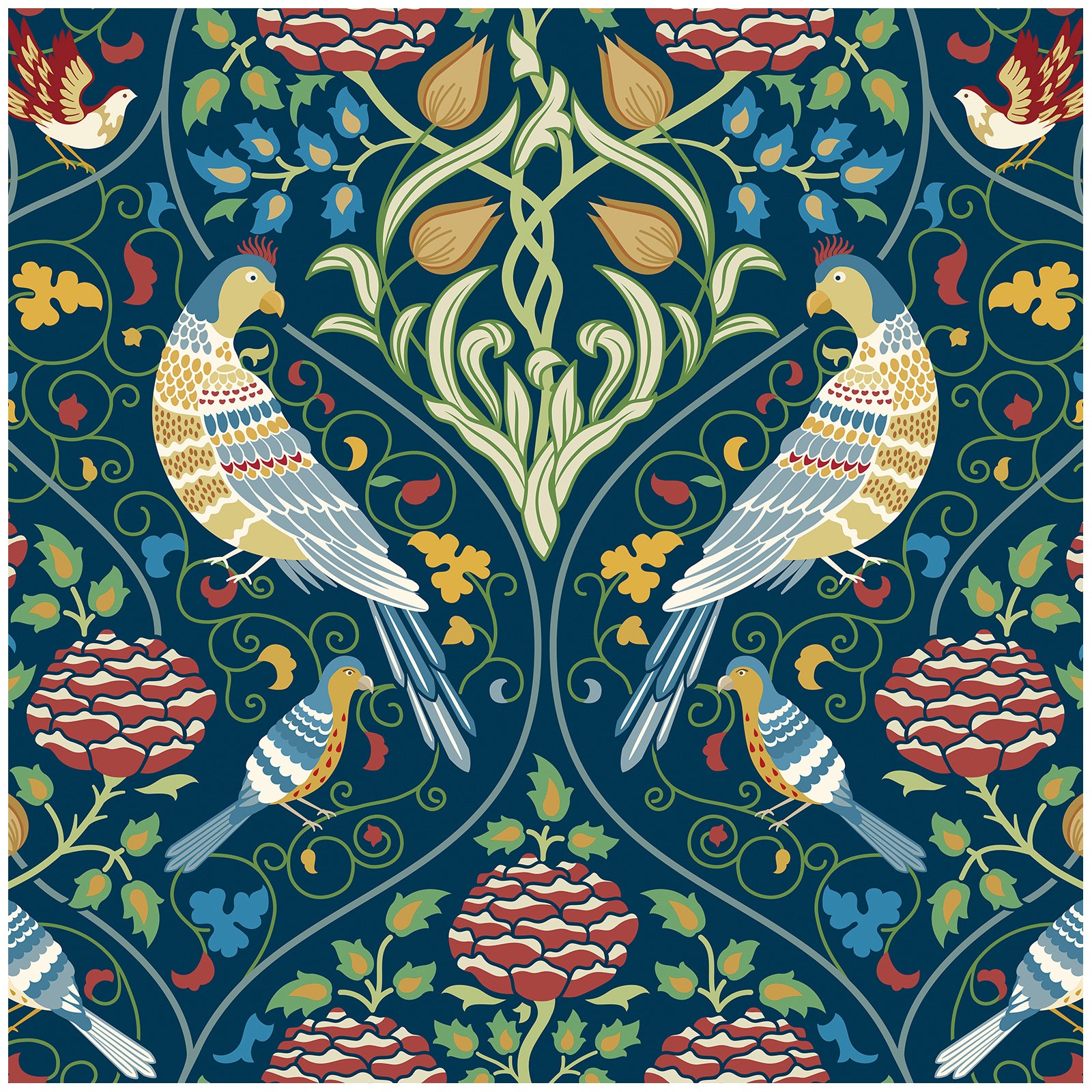 HaokHome Peel and Stick Wallpaper Vintage William Morris Style Bird and Floral Wall Mural Removable Self Adhesive Blue Wallpaper for Living Room Bedroom Decor