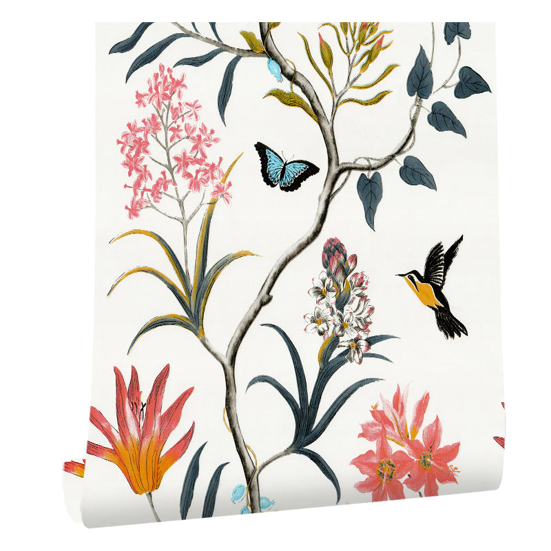 HaokHome Peel and Stick Wallpaper White Watercolor Hummingbird Butterfly Floral Branch Wall Mural Removable Self Adhesive Chinoiserie Botanical Wallpaper