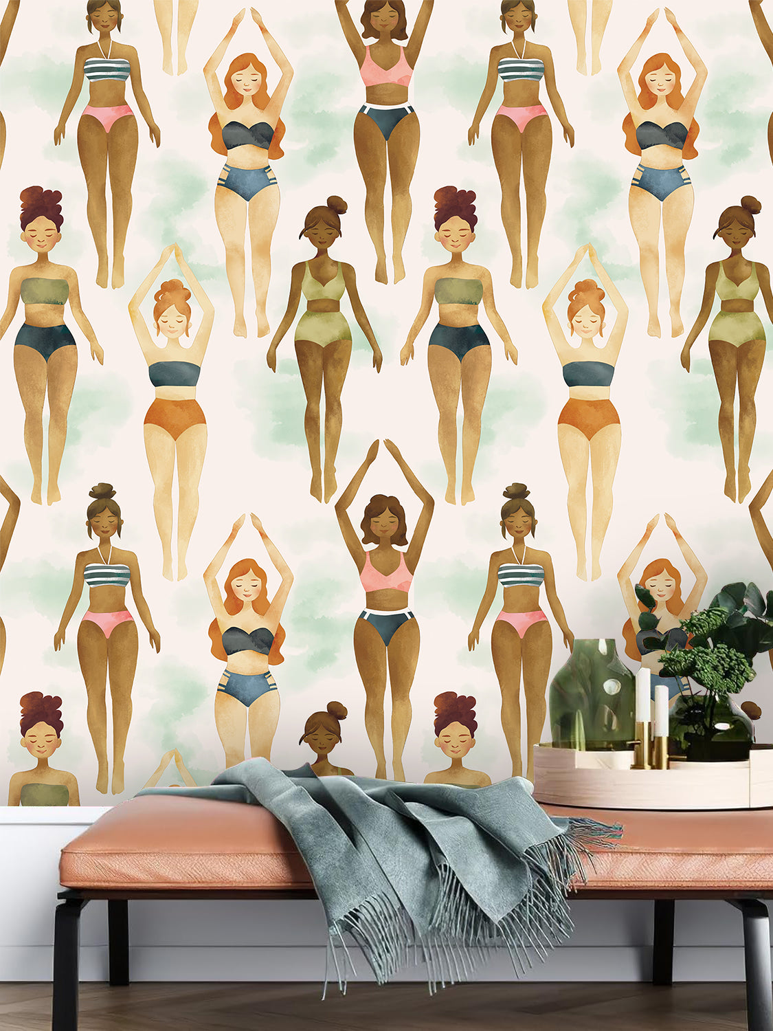 HaokHome Peel and Stick Wallpaper Women in Swimsuits Art Wall Mural Watercolor Body Positivity Removable Self Adhesive Decor for Bedroom Studio Salon