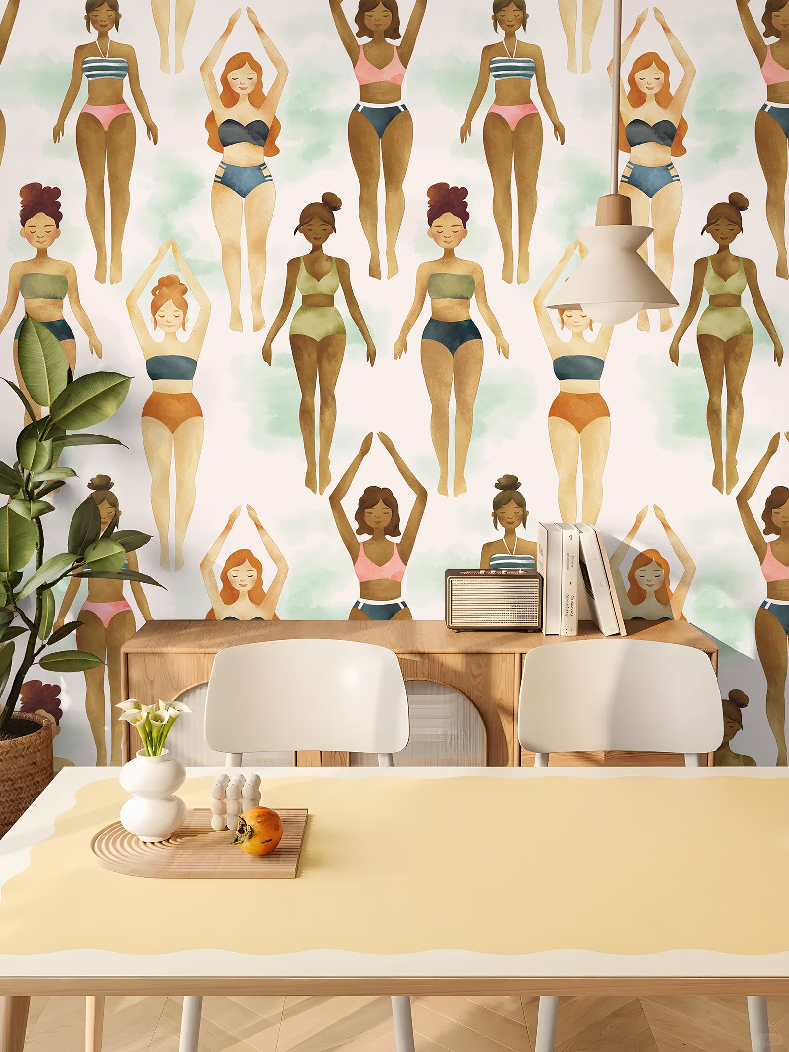 HaokHome Peel and Stick Wallpaper Women in Swimsuits Art Wall Mural Watercolor Body Positivity Removable Self Adhesive Decor for Bedroom Studio Salon
