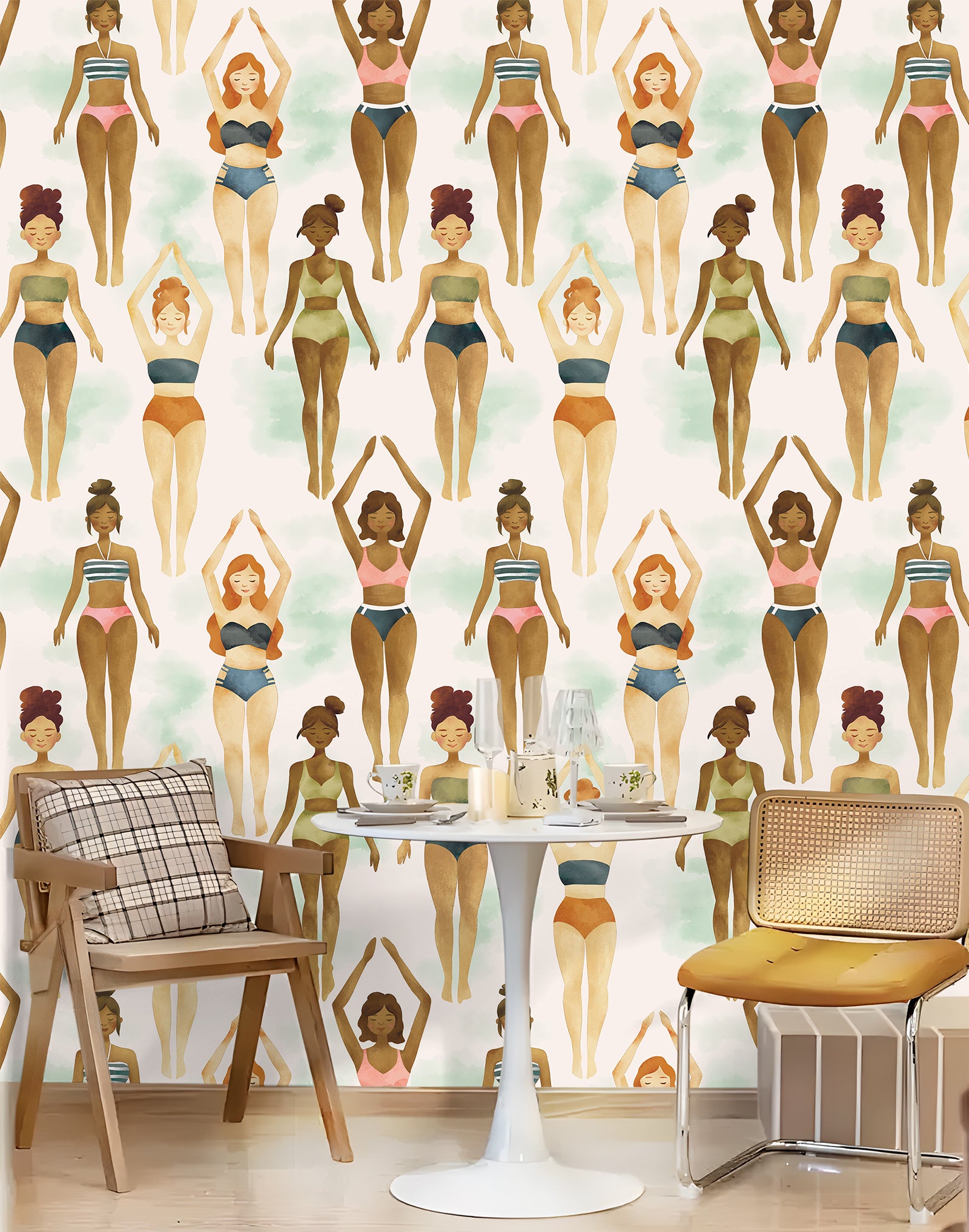 HaokHome Peel and Stick Wallpaper Women in Swimsuits Art Wall Mural Watercolor Body Positivity Removable Self Adhesive Decor for Bedroom Studio Salon