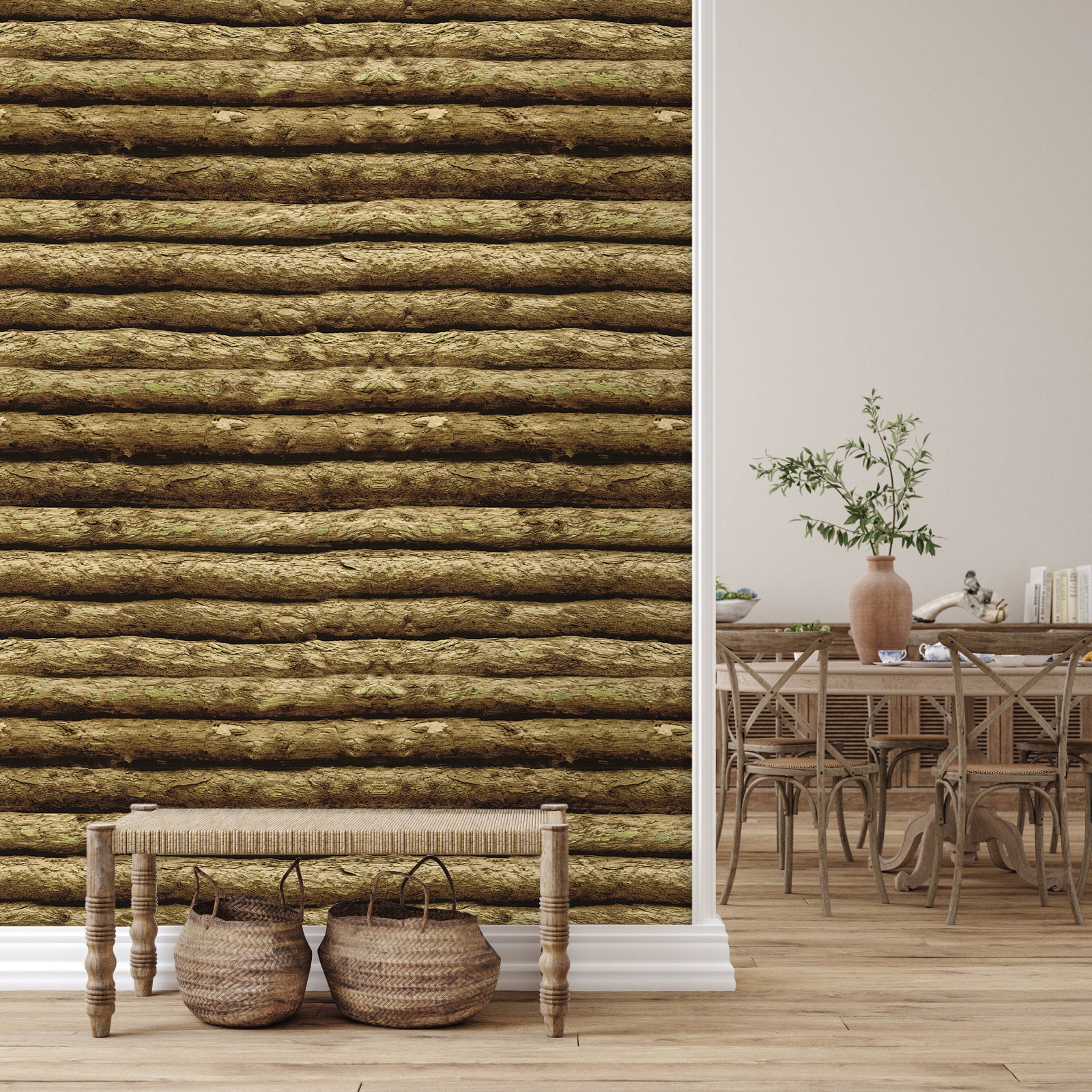 HaokHome Peel and Stick Wood Log Wallpaper Rustic Tree Bark Wall Mural Natural Forest Timber Pattern Removable Self Adhesive Vinyl Wallpaper for Cabin, Living Room, Accent Wall