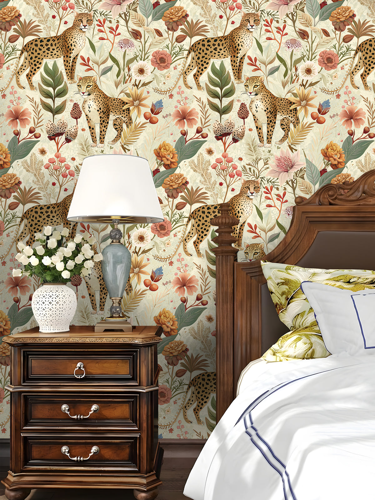 HaokHome Removable Safari Floral Wallpaper Behind Bed in Bedroom Setting