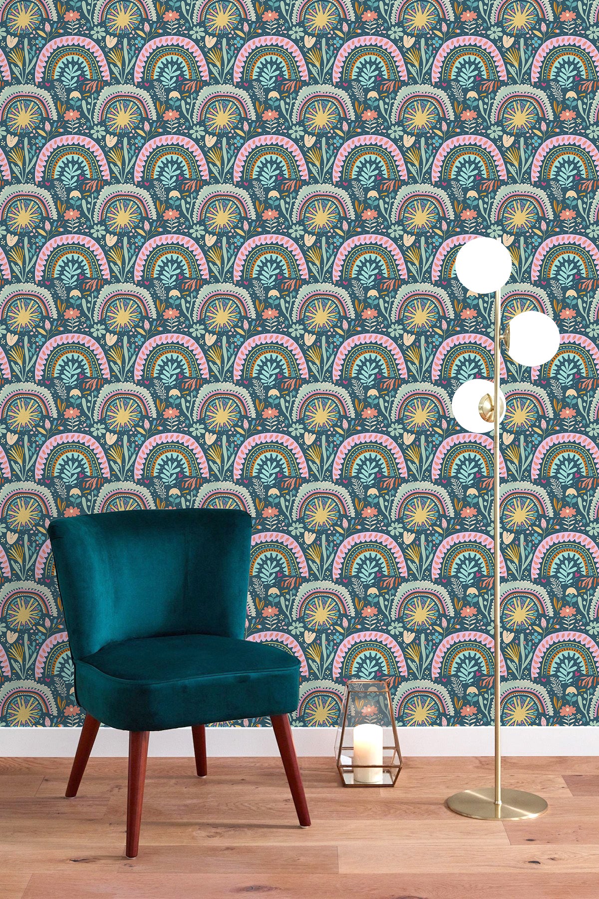 HaokHome Retro Rainbow Floral Wallpaper Vibrant Boho Style with Pastel Colors