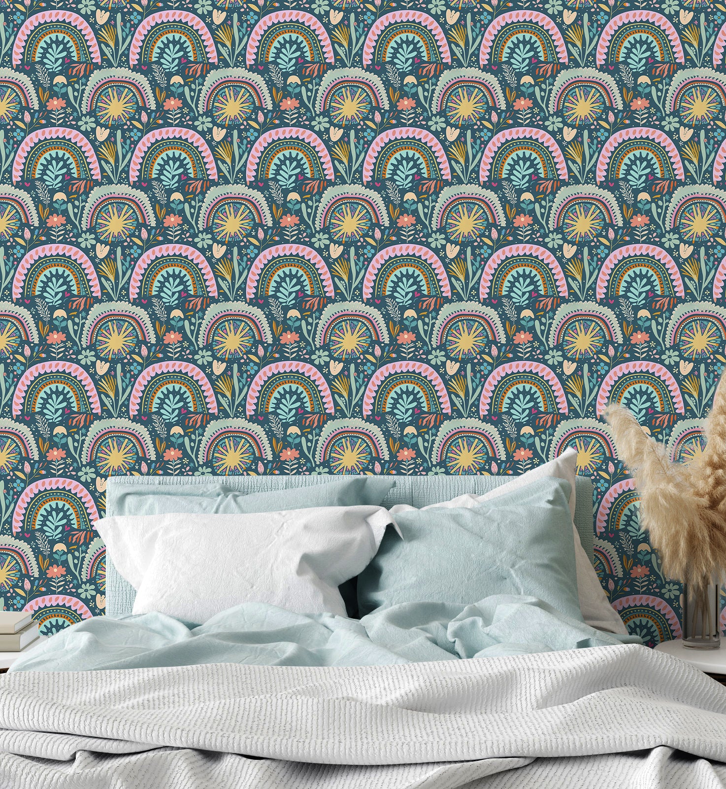 HaokHome Retro Rainbow Floral Wallpaper Vibrant Boho Style with Pastel Colors