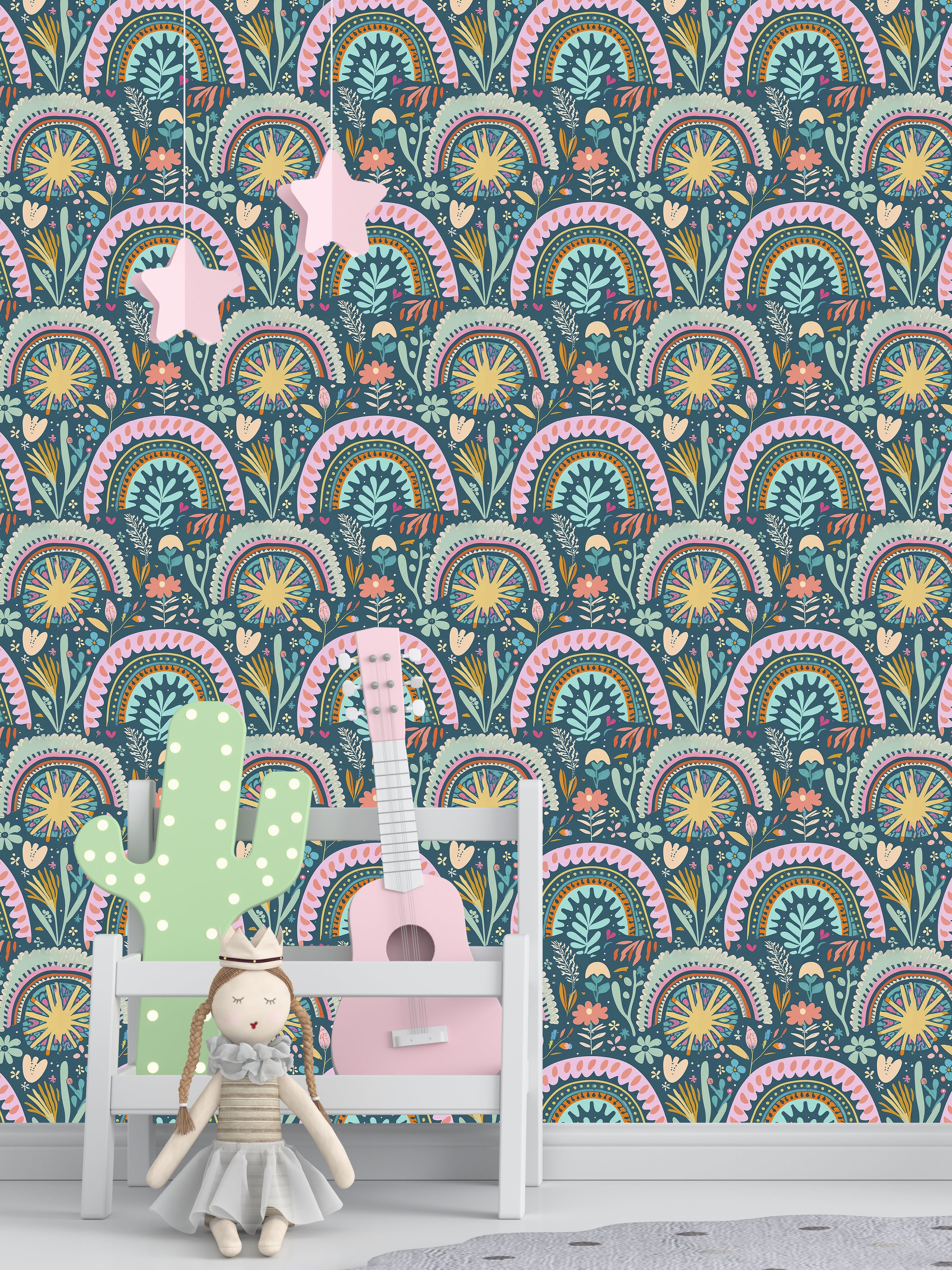 HaokHome Retro Rainbow Floral Wallpaper Vibrant Boho Style with Pastel Colors