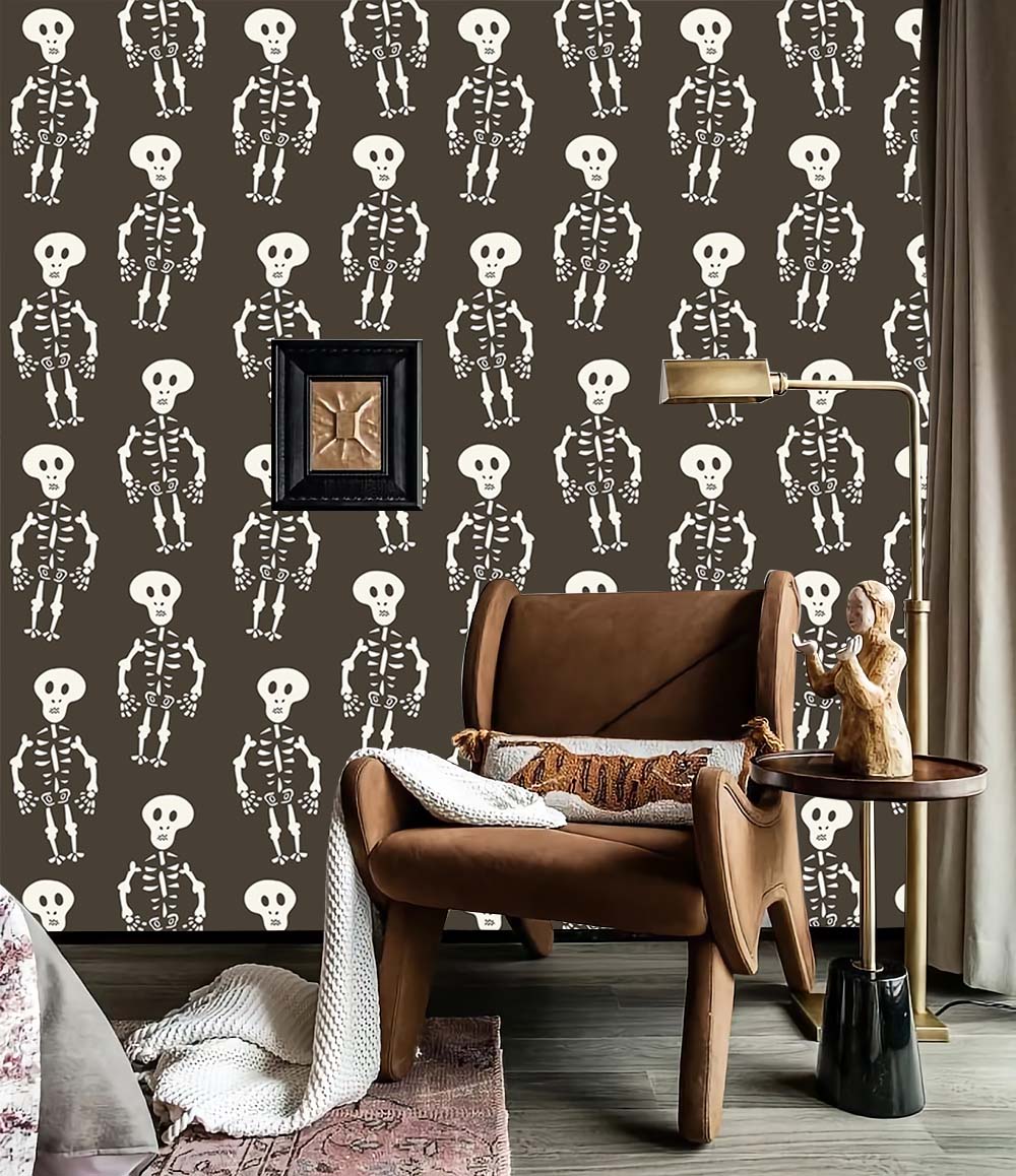 HaokHome Skeleton Pattern Wallpaper – Playful Skeletons on a Dark Background for Spooky Decor