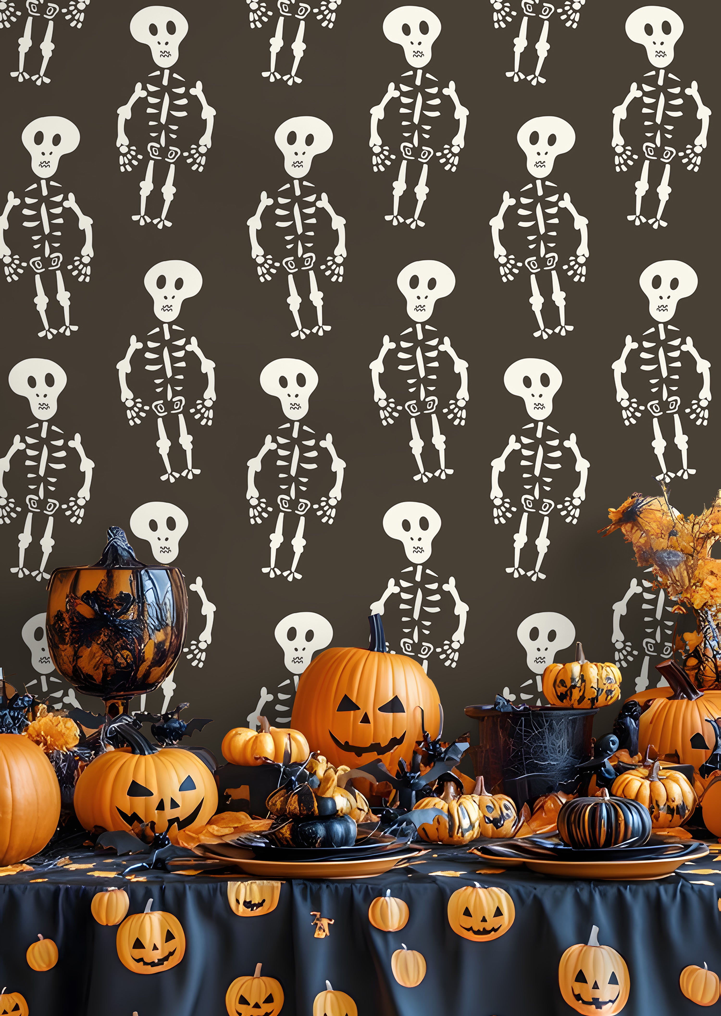 HaokHome Skeleton Pattern Wallpaper – Playful Skeletons on a Dark Background for Spooky Decor