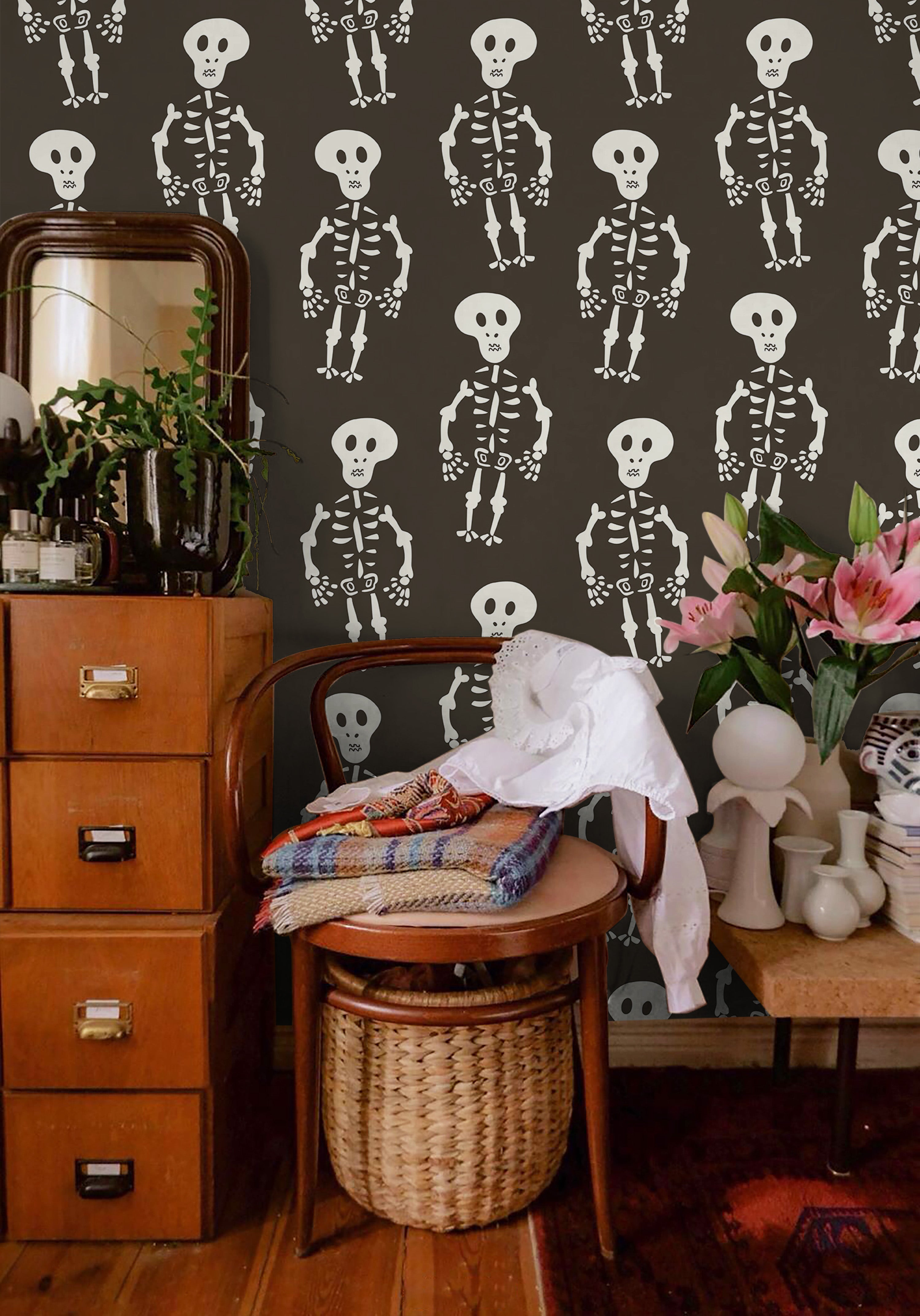 HaokHome Skeleton Pattern Wallpaper – Playful Skeletons on a Dark Background for Spooky Decor
