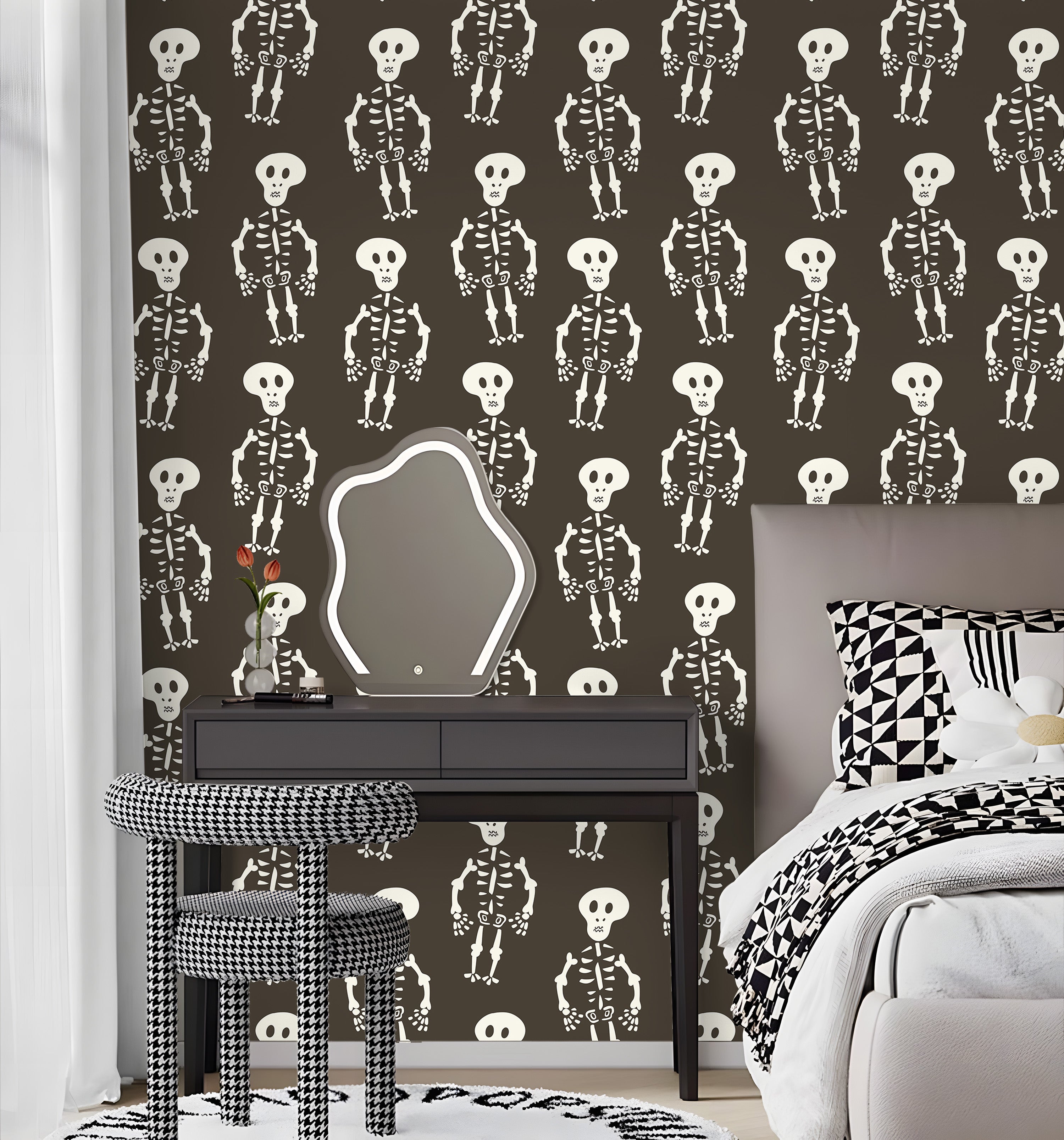 HaokHome Skeleton Pattern Wallpaper – Playful Skeletons on a Dark Background for Spooky Decor