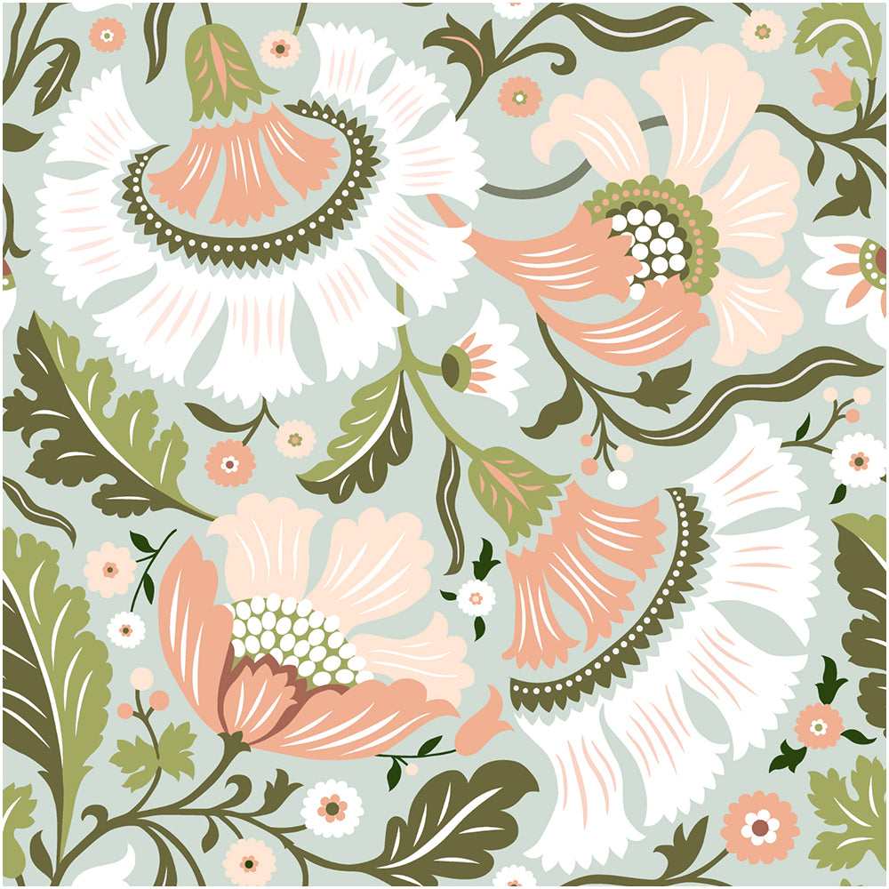 HaokHome Soft Folk Floral Peel and Stick Wallpaper, Mint Green & Blush Pink Removable Wallpaper for Nursery