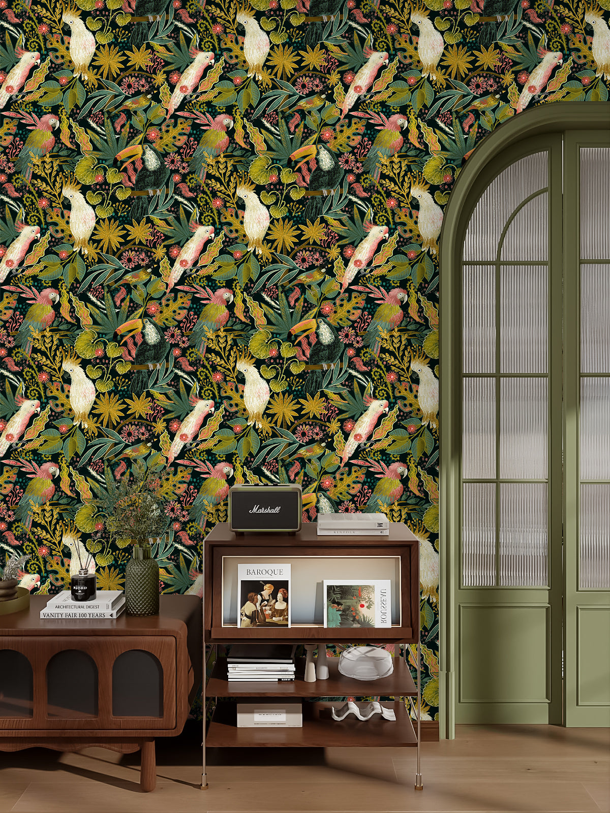 HaokHome Tropical Birds and Flowers Wallpaper – Colorful Cockatoos, Toucans, and Blooms on Dark Green Background
