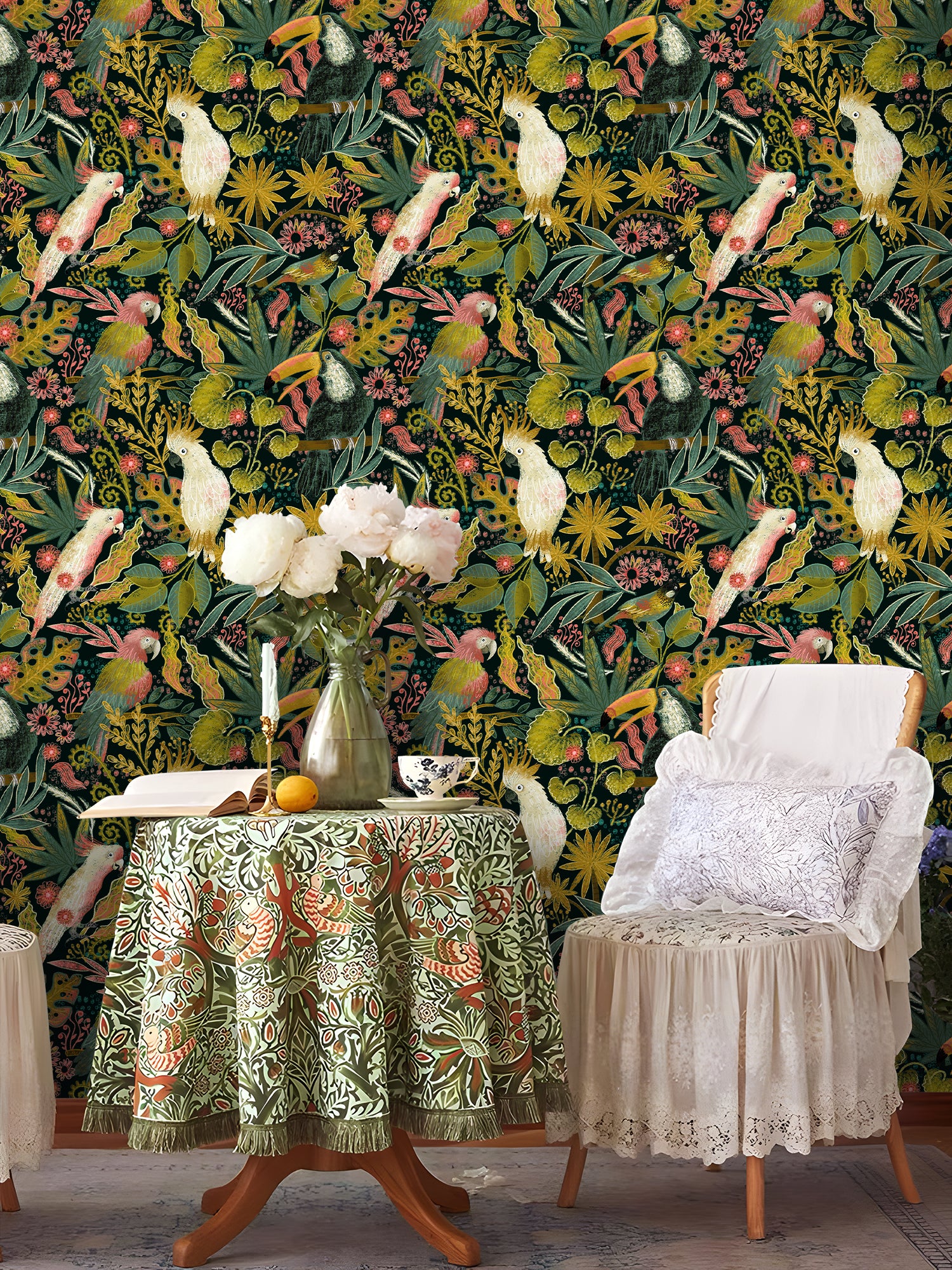 HaokHome Tropical Birds and Flowers Wallpaper – Colorful Cockatoos, Toucans, and Blooms on Dark Green Background