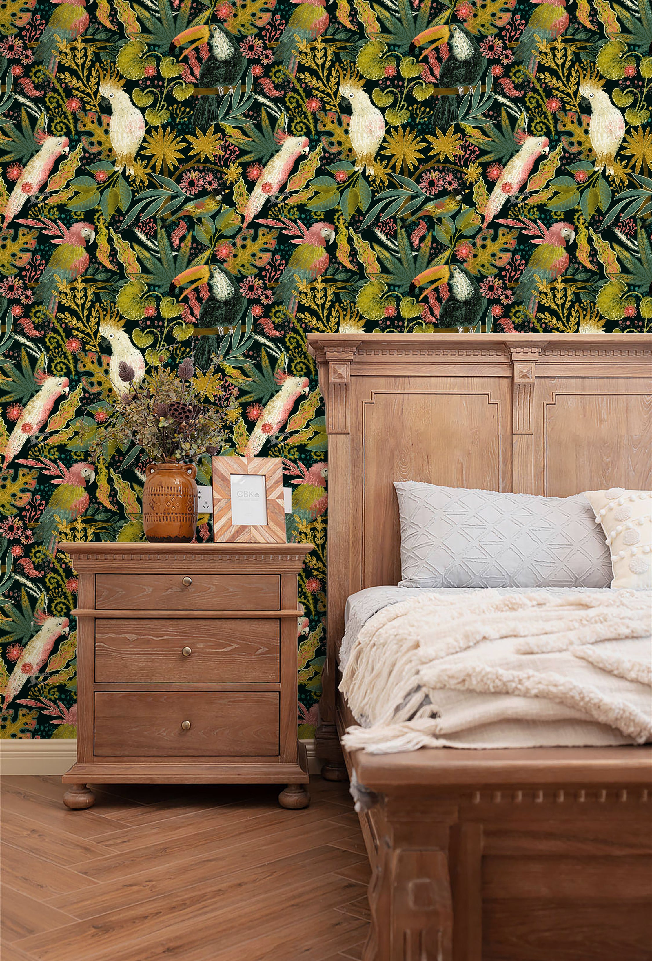 HaokHome Tropical Birds and Flowers Wallpaper – Colorful Cockatoos, Toucans, and Blooms on Dark Green Background