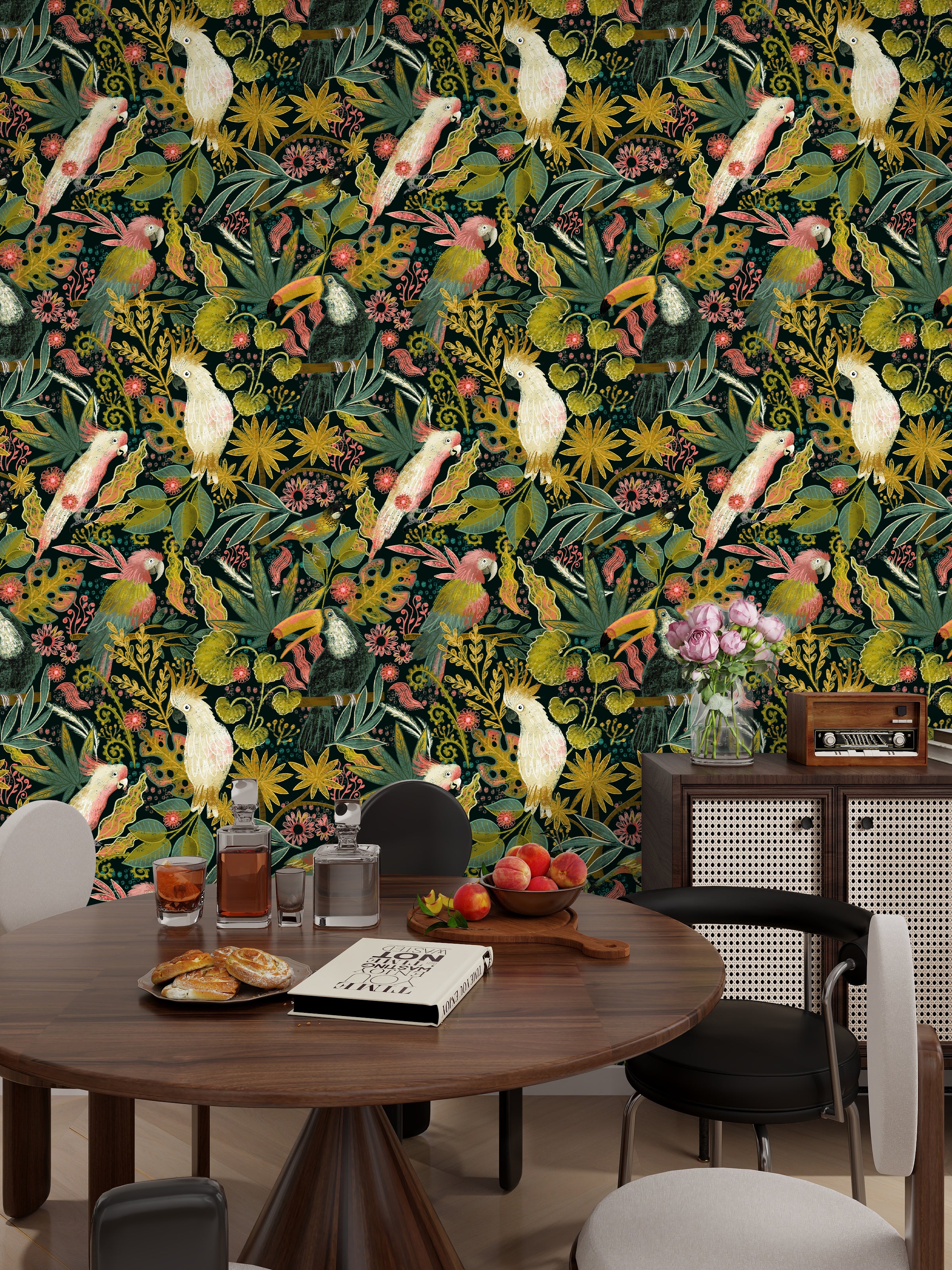 HaokHome Tropical Birds and Flowers Wallpaper – Colorful Cockatoos, Toucans, and Blooms on Dark Green Background