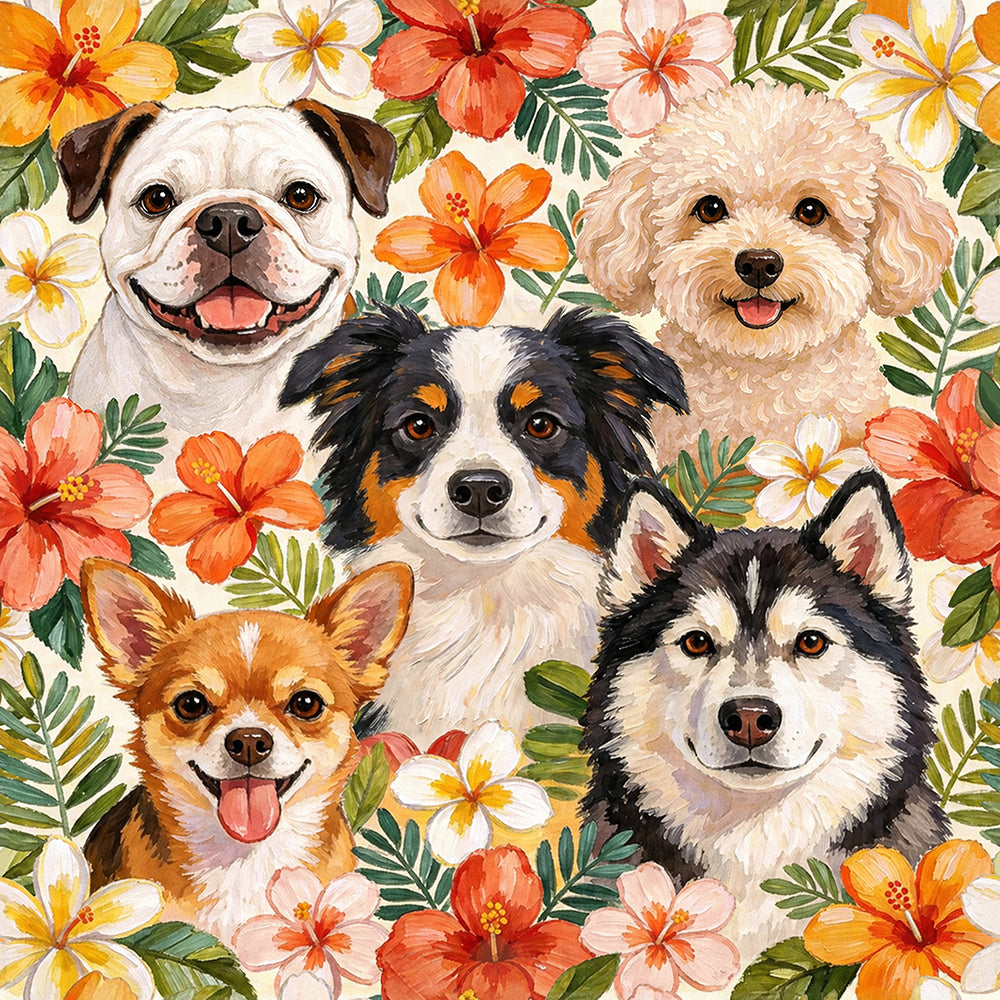 HaokHome Tropical Dog Floral Peel and Stick Wallpaper, Watercolor Puppy & Hibiscus Botanical Removable Self Adhesive Wallpaper